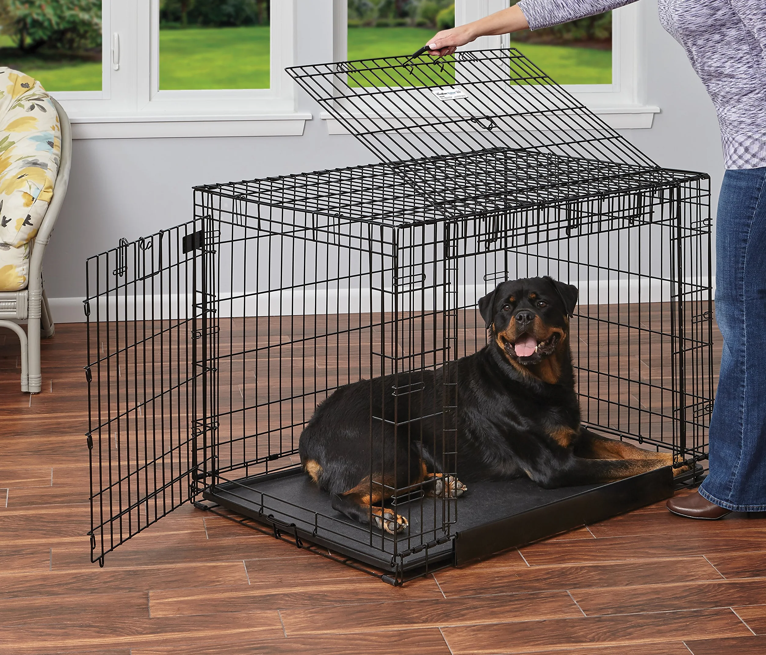 Midwest Homes for Pets Large Ovation Double Door 42-inch Folding Metal Dog Crate, Front and Up & Away Side Doors, Space-Saving Design