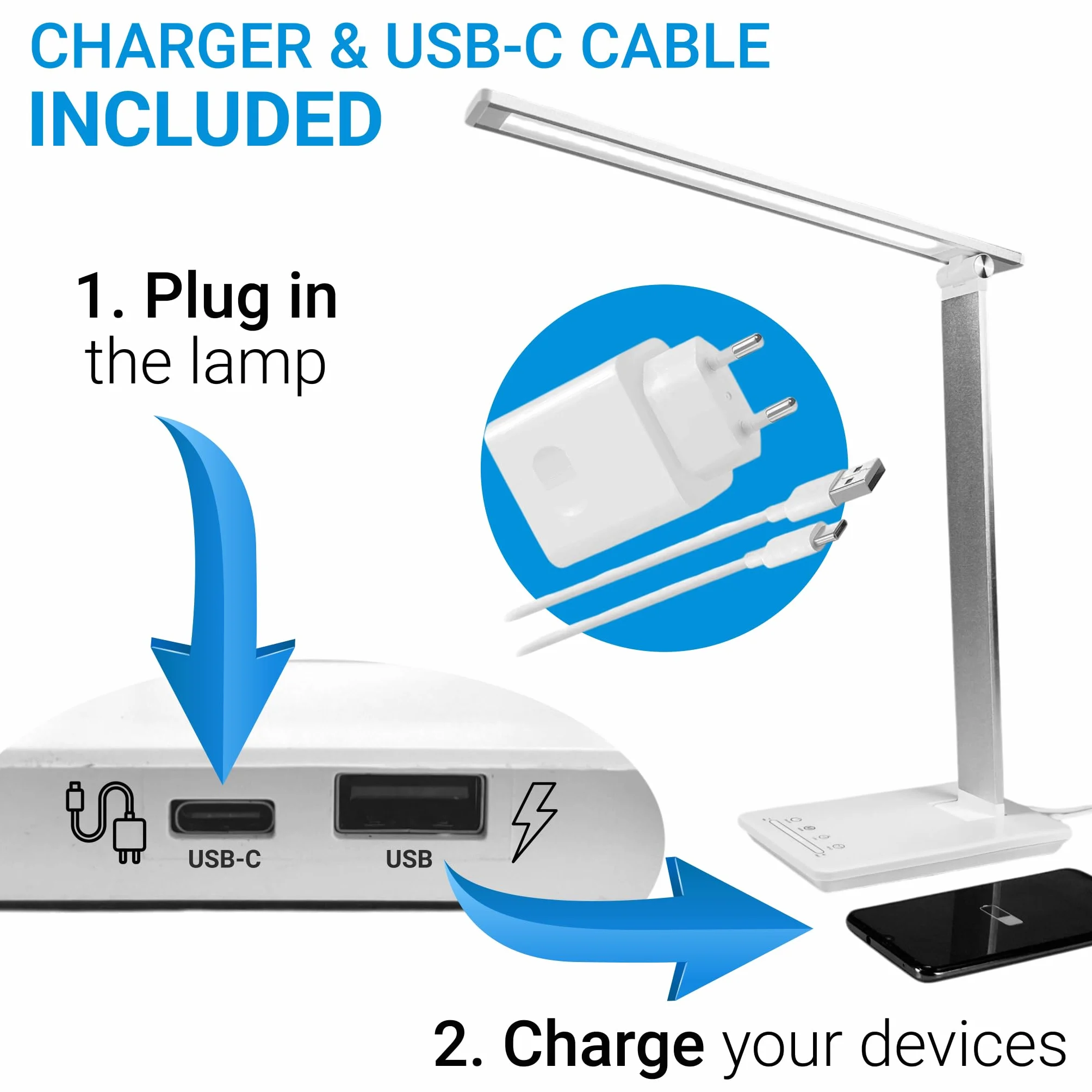Maxter Potężna lampa biurkowa LED - akumulatorowa lampka nocna do czytania (6 W, 550 lumenów, port USB, 5 poziomów jasności i 5 kolorów, timer 30 min, tryb odtwarzania)