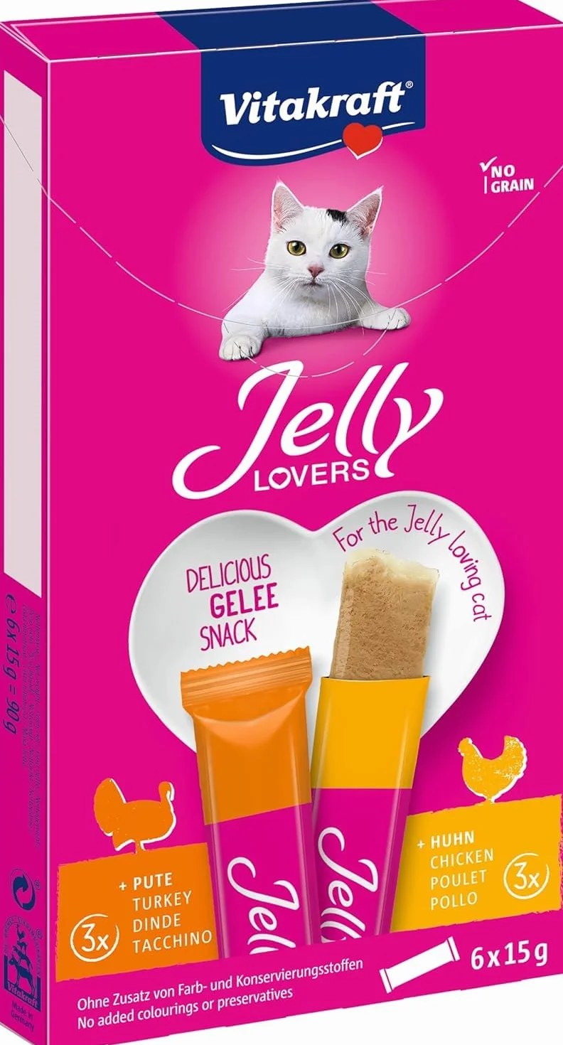 Vitakraft Jelly Lovers, przekąska dla kotów, galaretka do gryzienia, z kurczakiem i indykiem, do rozpieszczania w międzyczasie, bez dodatku cukru i zbóż (1 opakowanie 6 x 15 g)