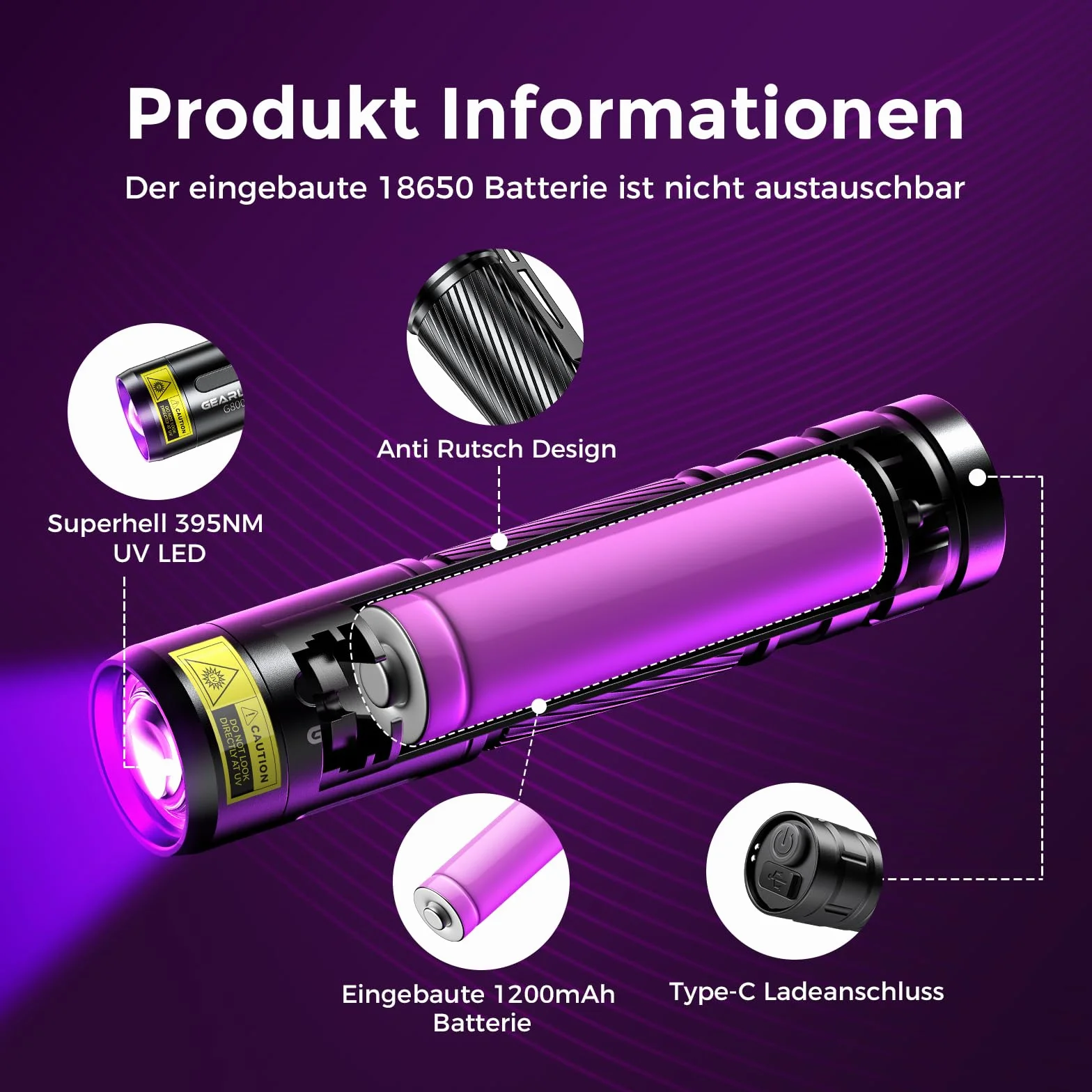 GEARLITE Latarka LED UV do ponownego ładowania, lekka mini lampa UV, światło ultrafioletowe o długości 395 nm, wytrzymała, wodoodporna, do poszukiwania bursztynów, geocachingu, detektorów zwierząt
