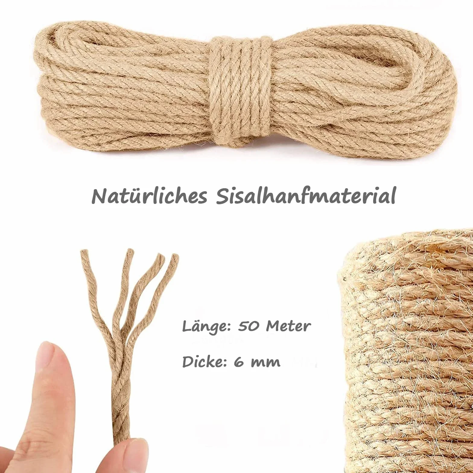 Lina sizalowa, 50 m, naturalna linka sizalowa dla kotów, zamiennik dla kotów, drapaka, do gospodarstwa domowego, ogrodu, DIY, dekoracja (6 mm, 50 m)