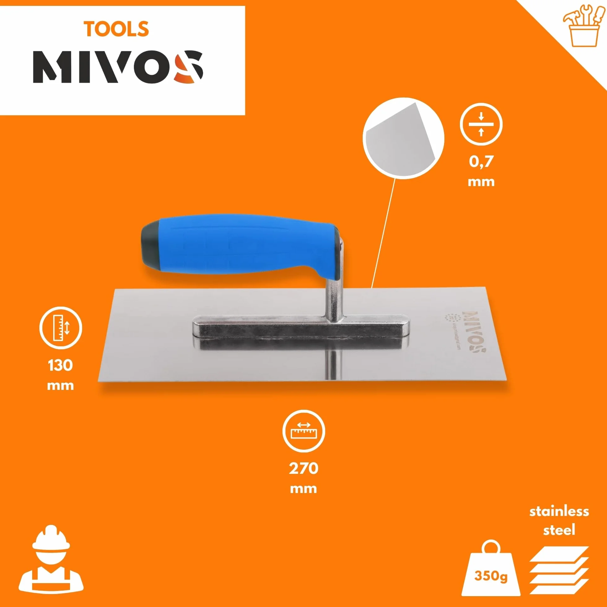 Paca wygładzająca Mivos ze stali nierdzewnej 270 x 130mm kielnia tynkarska