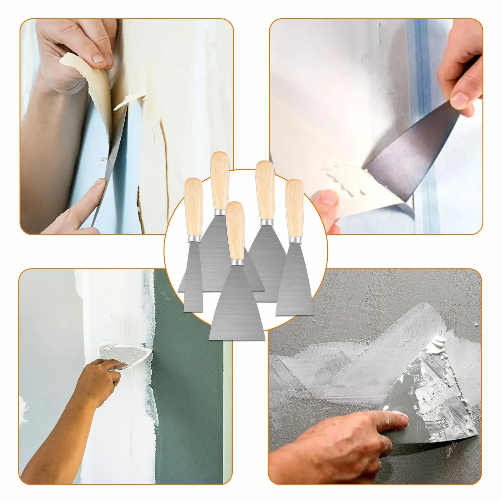 5 szt. Espatula Masilla, Llana para Alisar Paredes, Espátulas Masilla, Espátula z Mango de Madera, Espatulas Pintura, Espátula para Alisar Paredes Rellenar Raspar Pintura lub Papel Tapiz (1/2/3/4/5")