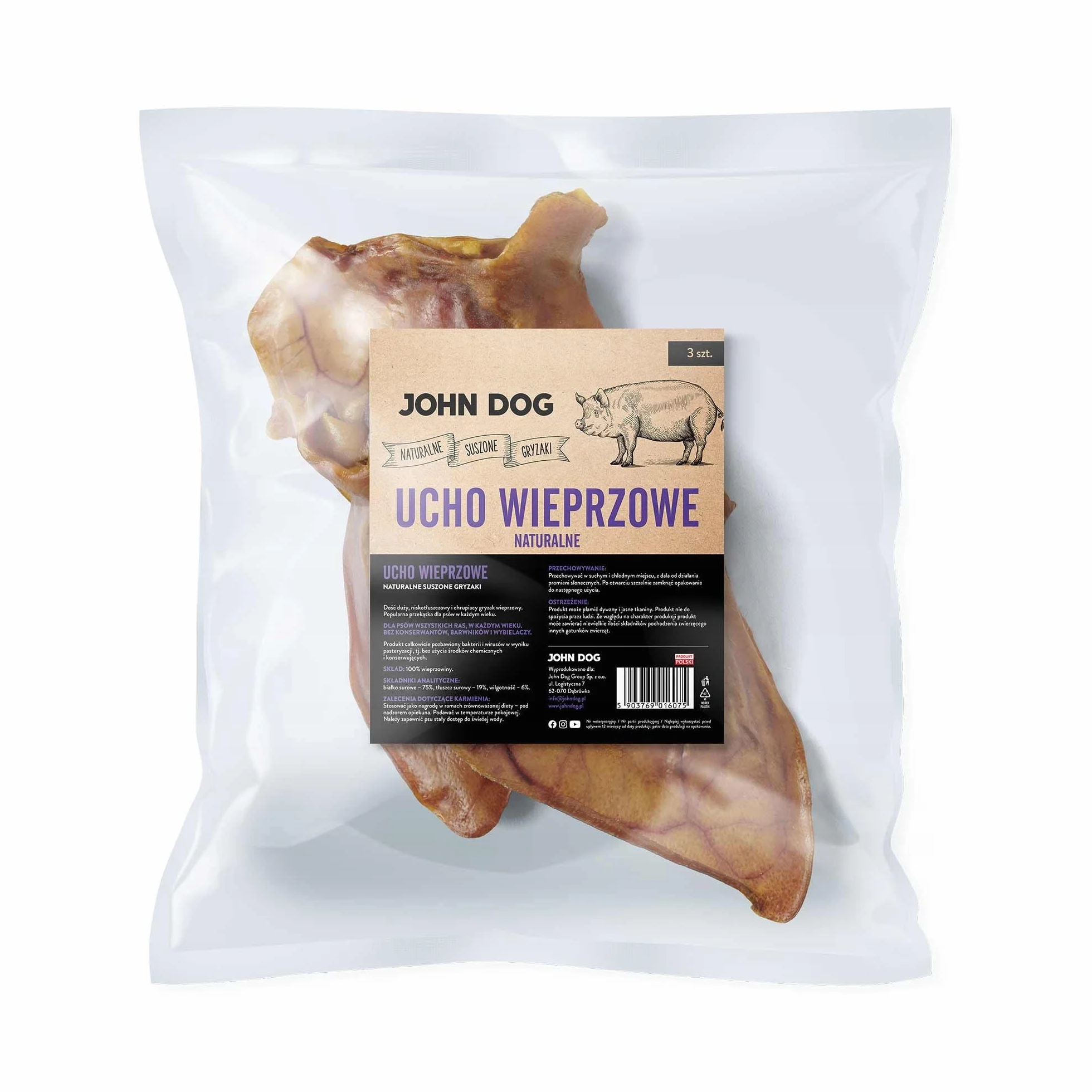 JOHN DOG Ucho wieprzowe naturalne Suszony gryzak dla psa 3 szt.
