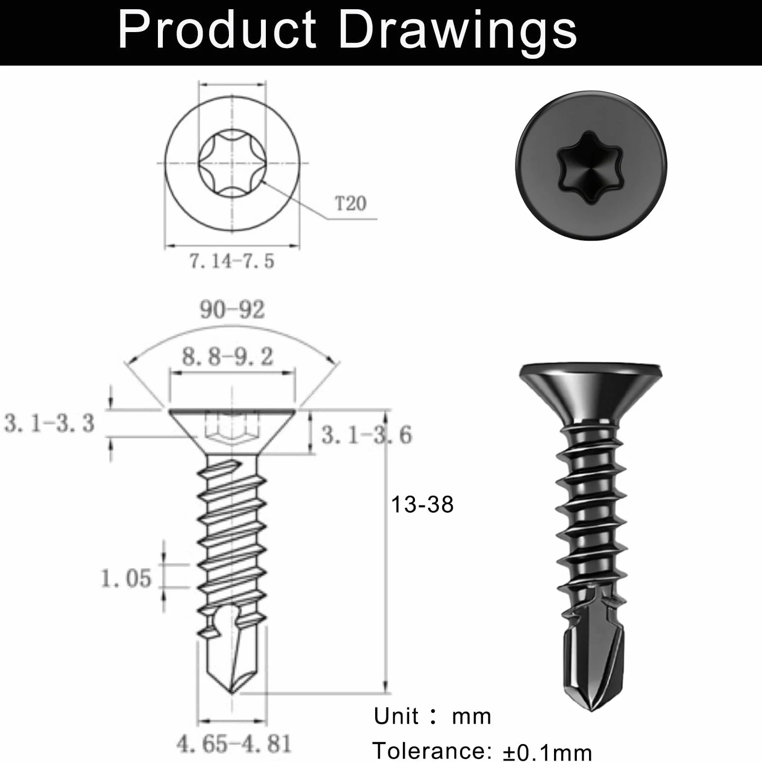 Wkręty samowiercące Torx M4 2x38 mm stal nierdzewna 410 czarne TX20 100 sztuk
