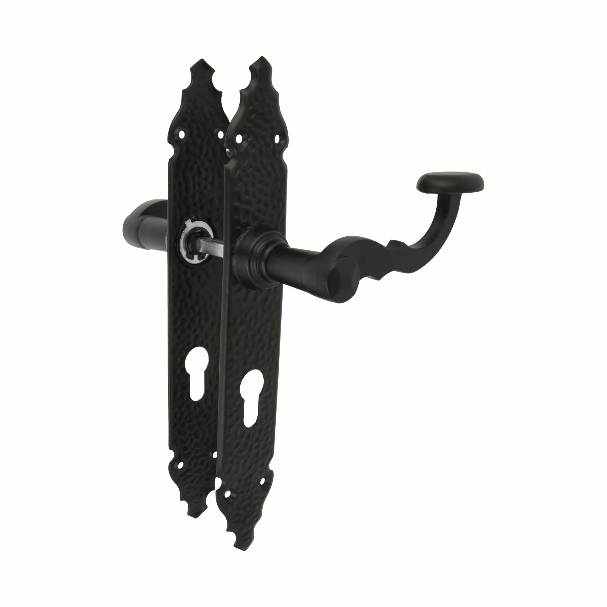 Amig - Zestaw uchwytów mod. 100 PB | 280 x 44 mm | Klamka Zamak ze stalową płytką | Czarne wykończenie | Zawiera końcówkę Europrofilową | Czworokąt 8 mm | Rustykalny ręcznie kuty styl