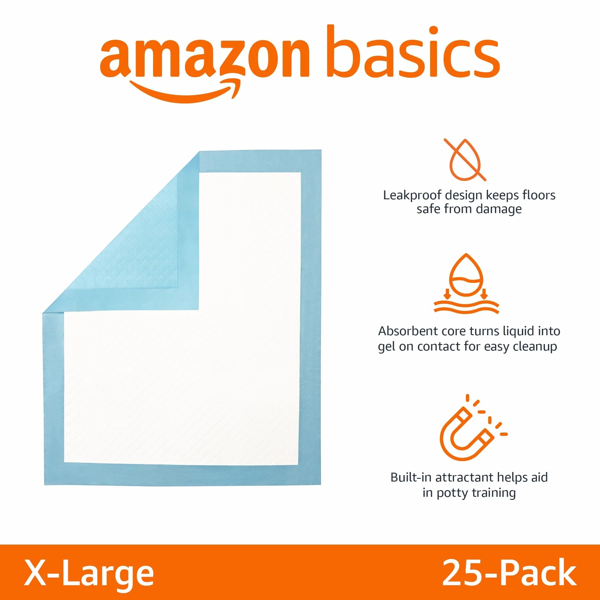 Amazon Basics Dog and Puppy Pee Pads with 5-Layer Leak-Proof Design and Quick-Dry Surface for Potty Training, Heavy Duty Absorbency, X-Large, 71.12cm x 86.36cm - Pack of 25, Blue & White