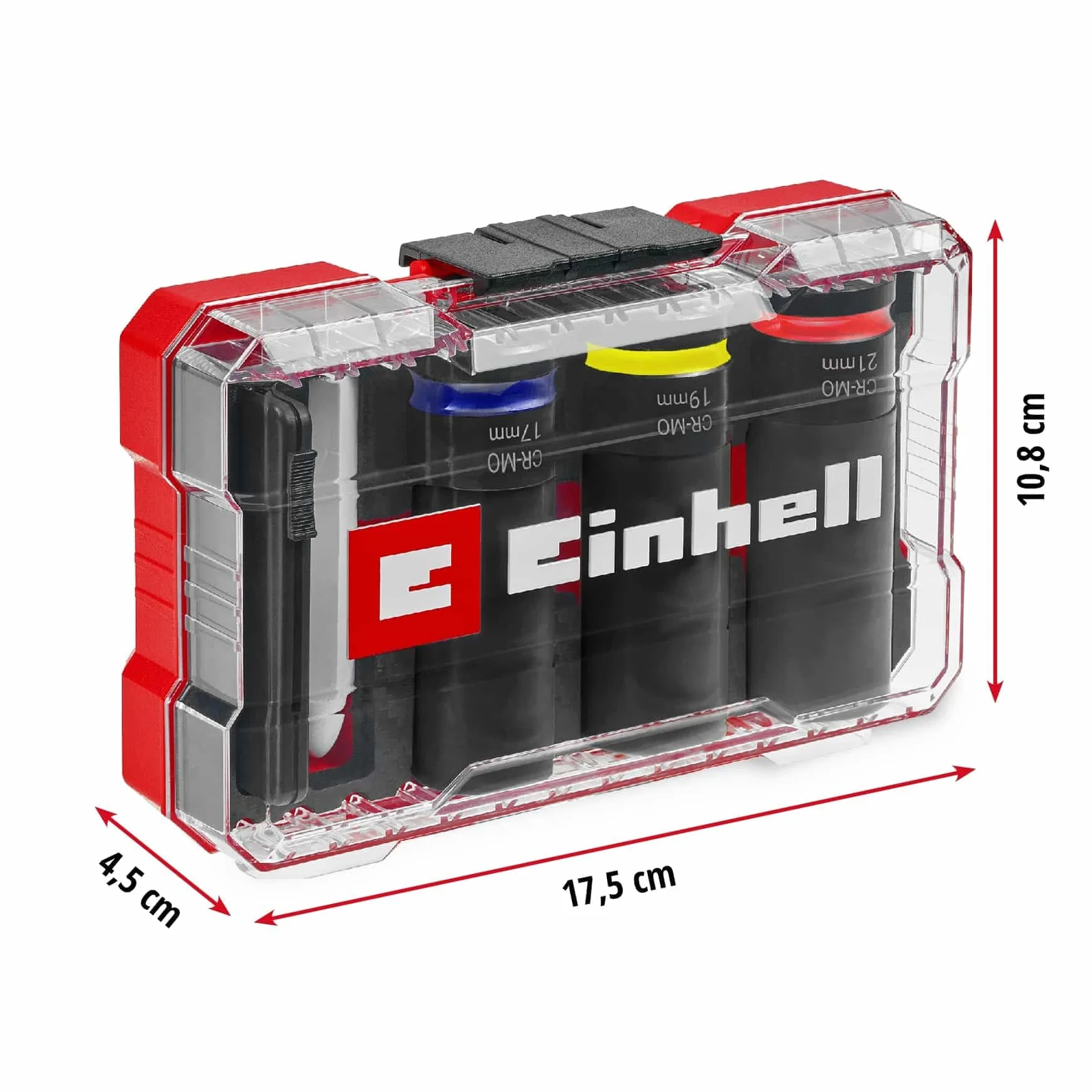Oryginalny zestaw nasadek udarowych Einhell 5-częściowy (3 x 80 mm, stal CrMo, tuleja z tworzywa sztucznego, miernik głębokości bieżnika, kreda do opon, M-CASE, do felg aluminiowych)