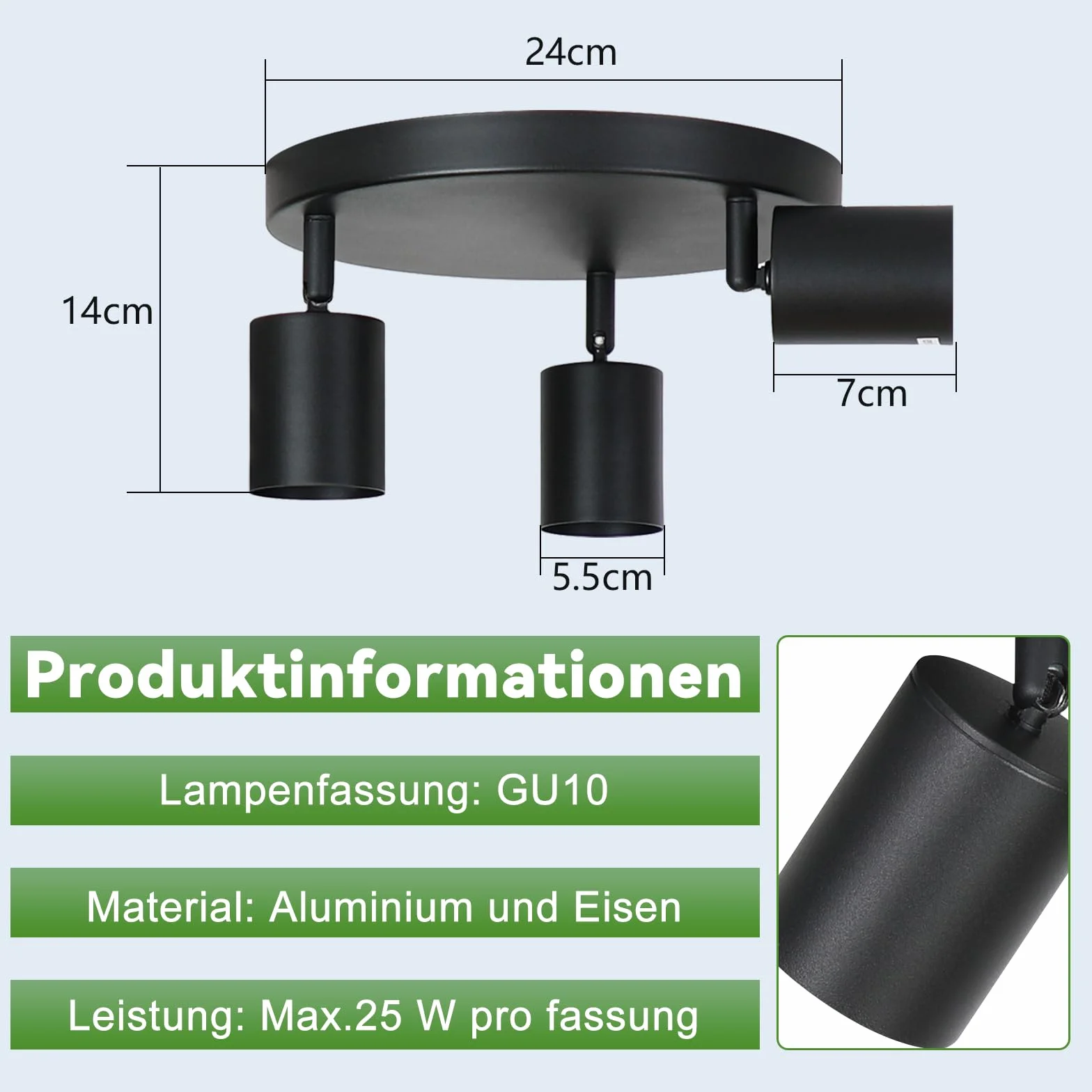 Lampa sufitowa GU10 czarny okrągły 3 płomienie metalowa Swivel Design do salonu sypialni kuchni