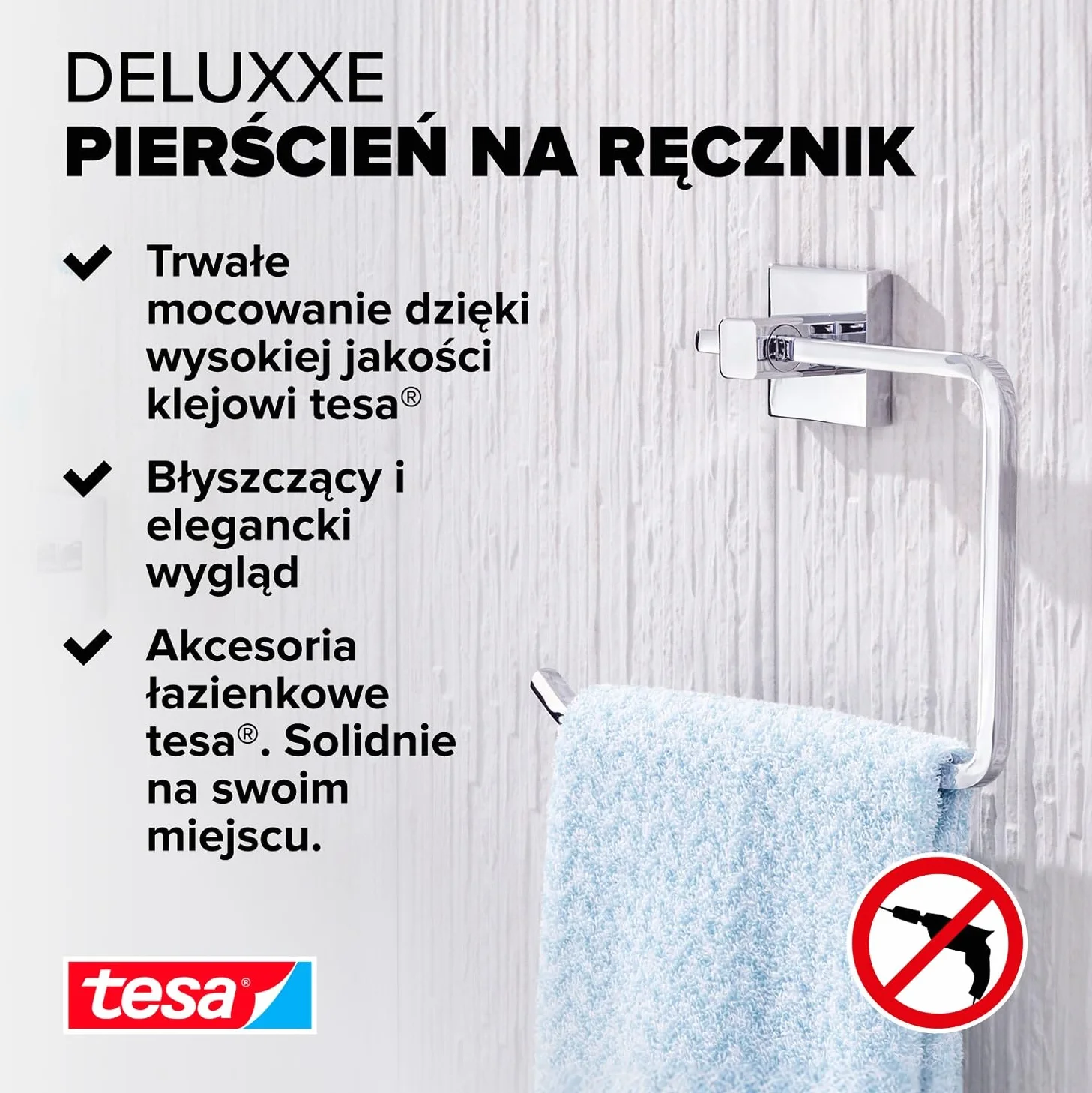 tesa DELUXXE wieszak na ręczniki – samoprzylepny, metalowy pierścień ręcznikowy do łazienki – chromowany metal – prosty montaż – 156 mm x 185 mm x 45 mm