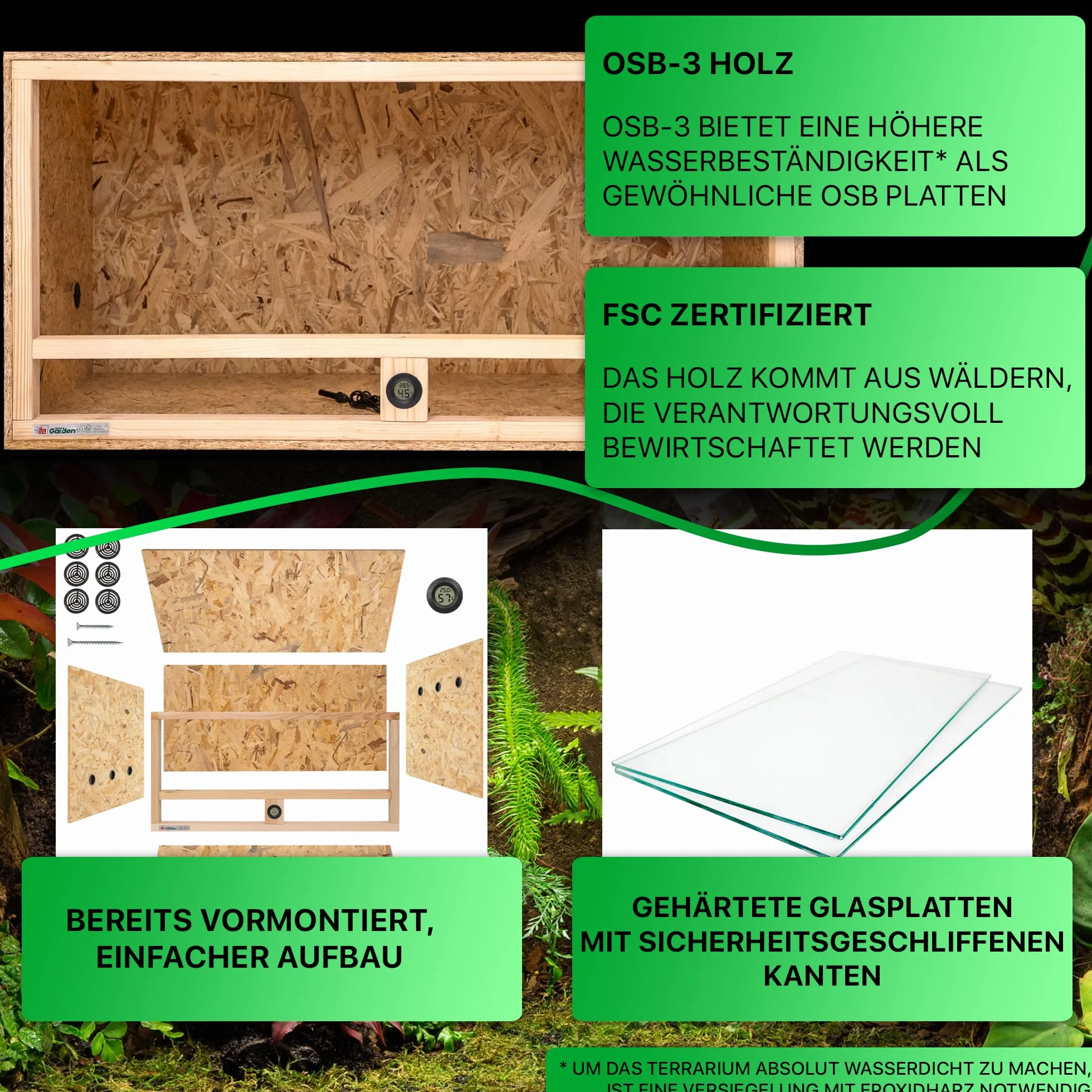 ITA Drewniane terrarium 100 x 50 x 50 cm ze zintegrowaną wentylacją i higrometrem, drewniane terrarium OSB-3, dla gadów, węży, płazów - produkt UE, certyfikat FSC