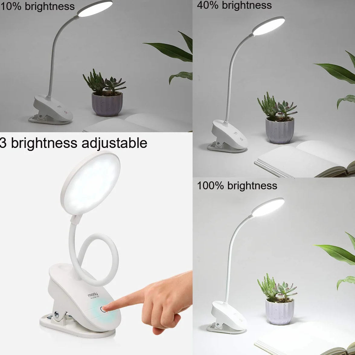 Miady Lampka do czytania na łóżko, lampka zaciskowa z akumulatorem do ponownego ładowania przez USB, 3 poziomy jasności, ochrona oczu, lampa zaciskowa, sterowanie dotykowe, elastyczna łabędzia szyja
