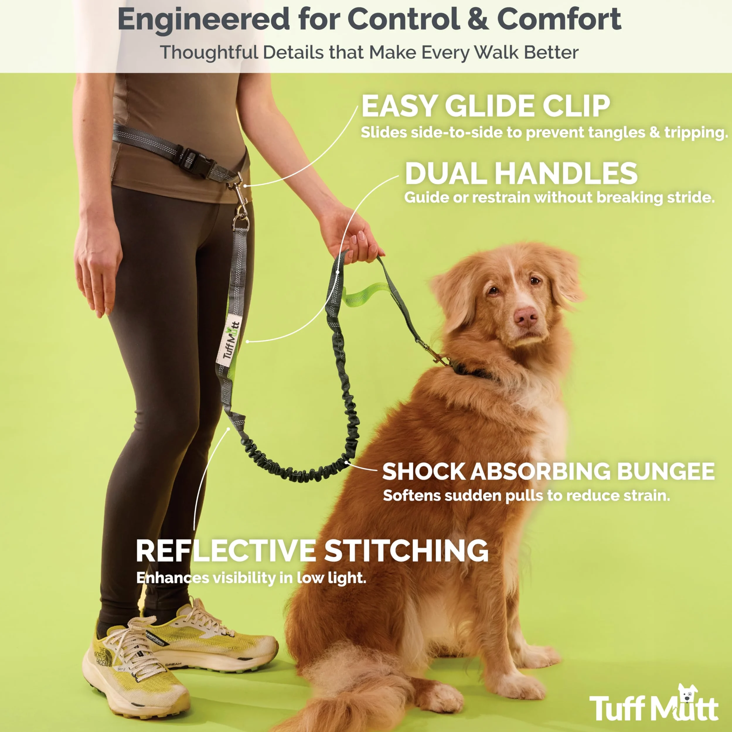 Tuff Mutt Smycz dla psa hands free (bez konieczności używania rąk), smycz do biegania z psami i spacerów, zapinana w talii, z podwójnym uchwytem i elastyczną linką, typu bungee, z odblaskowymi szwami