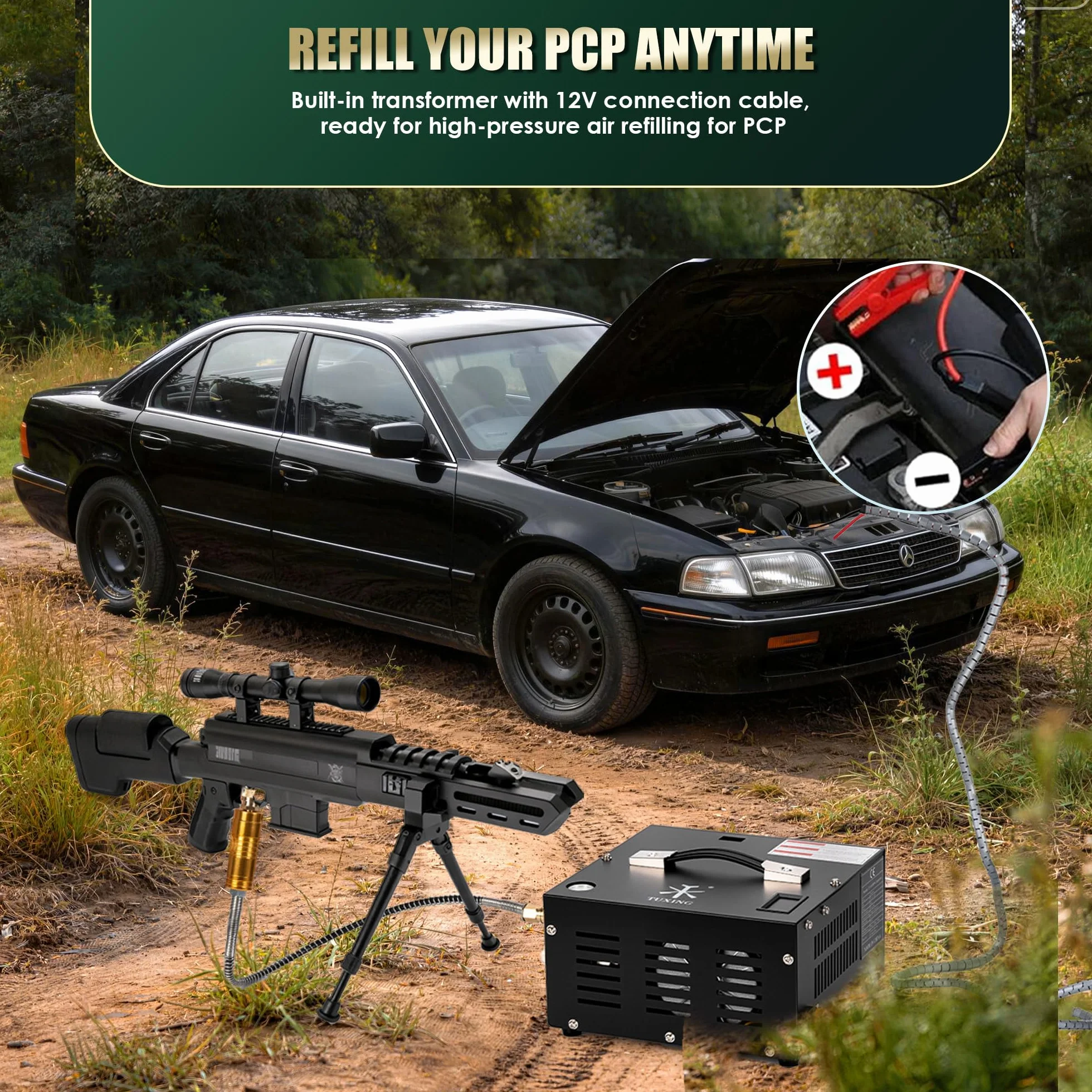 Sprężarka powietrza TUXING Pcp, 4500Psi 30Mpa, bezolejowa/wodna, zasilana samochodem 12 V DC lub domowym 220V AC z adapterem (w zestawie), pompa do wiatrówek i wiatrówek PCP (TXES061)