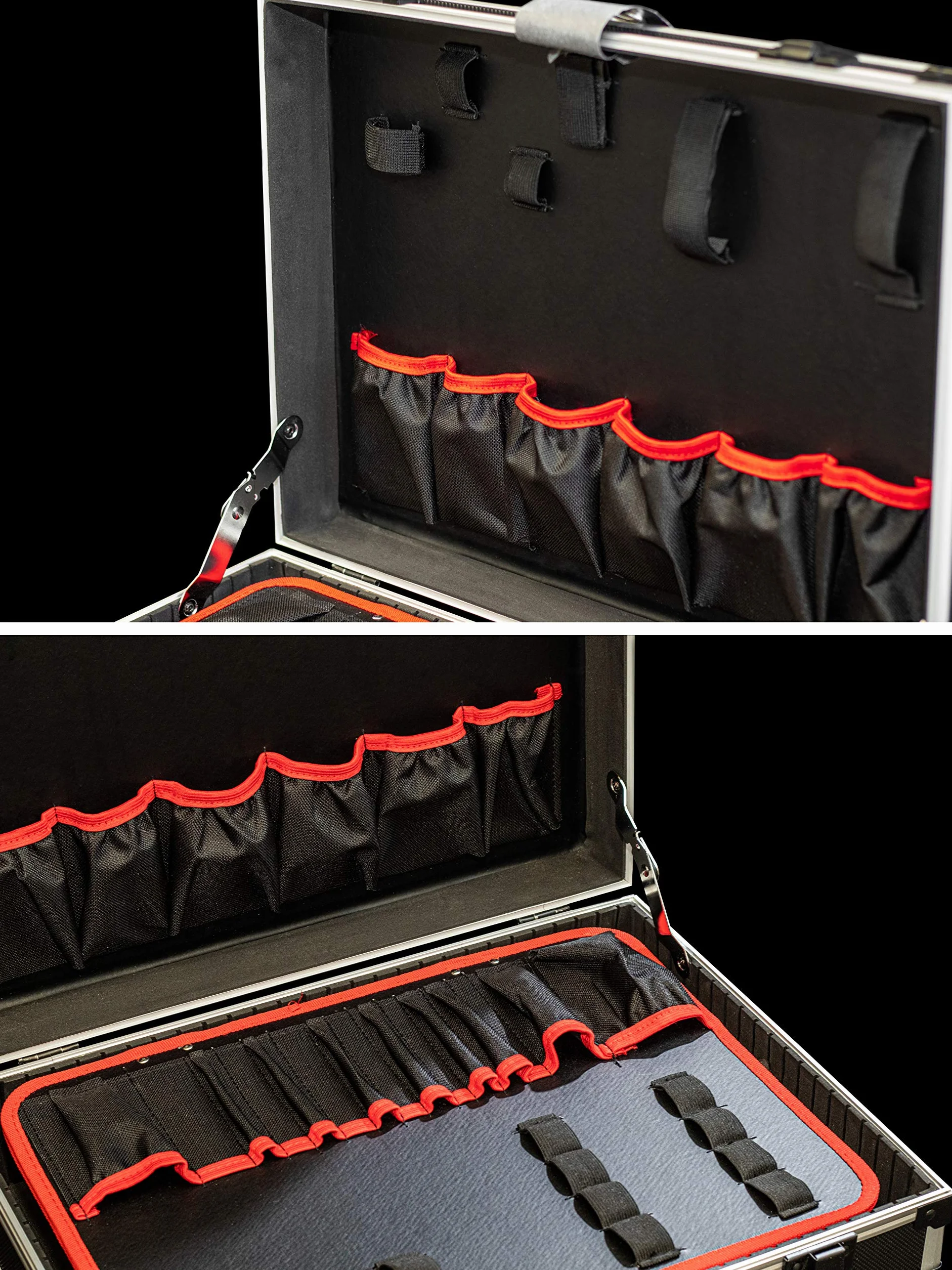 Meister Walizka narzędziowa pusta – 460 x 320 x 140 mm – indywidualny podział – 15 kieszeni na narzędzia – z gumowymi taśmami – nośność 15 kg – stabilna aluminiowa walizka/skrzynka na narzędzia /