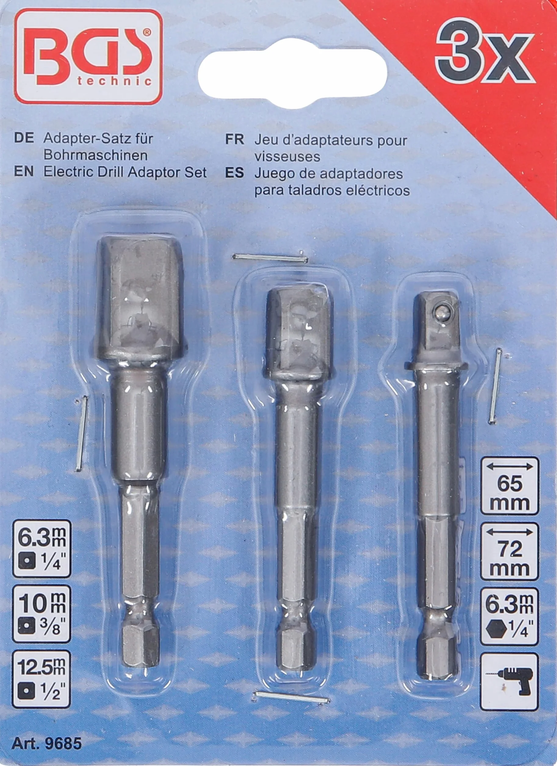 BGS 9685 | Zestaw adapterów do wiertarek | napęd 6,3 mm (1/4") | sześciokąt 6,3 mm (1/4"), 10 mm (3/8"), 12,5 mm (1/2"), 3 szt.
