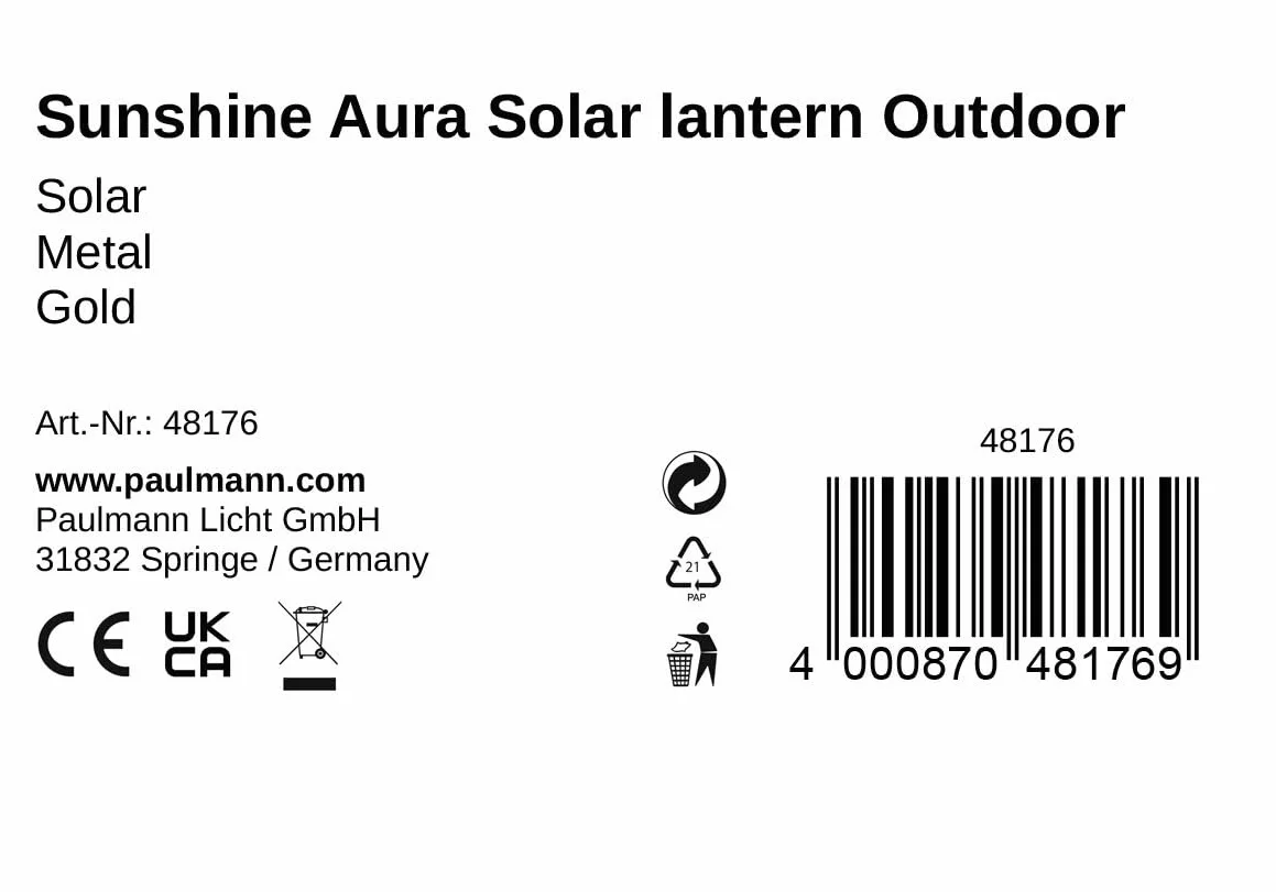 Pauleen 48176 Sunshine Aura lampa solarna na balkon lub do ogrodu, złota, oświetlenie zewnętrzne, metalowa, 3000 K