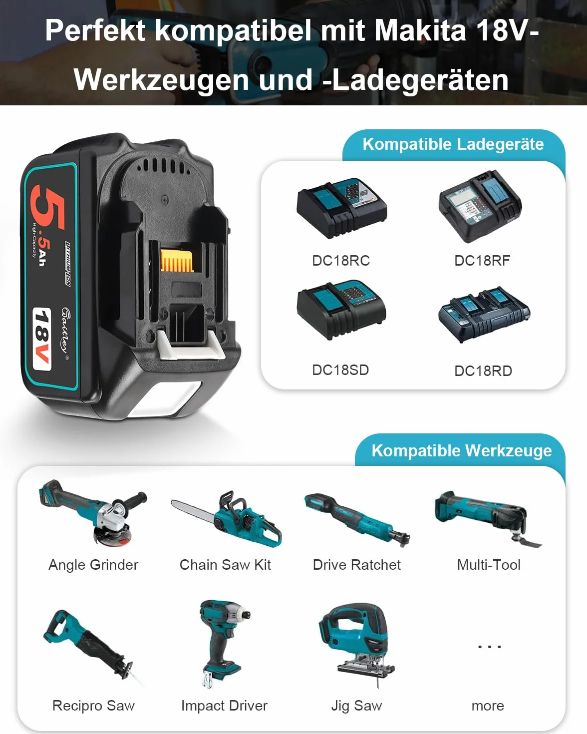 Waitley 5500 mAh akumulator zamienny do akumulatora Makita 18 V BL1850 BL1860B BL1840 BL1830 BL1820B BL1815 – kompatybilny z elektronarzędziami Makita 18 V