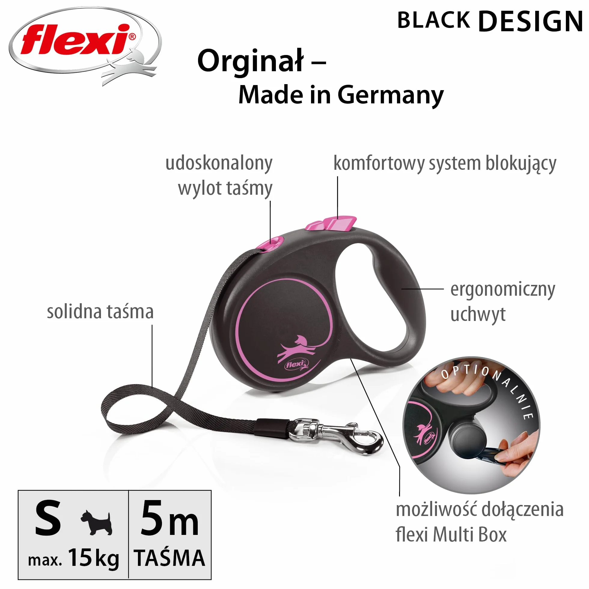 Flexi smycz automatyczna Black Design taśma S 5m różowa