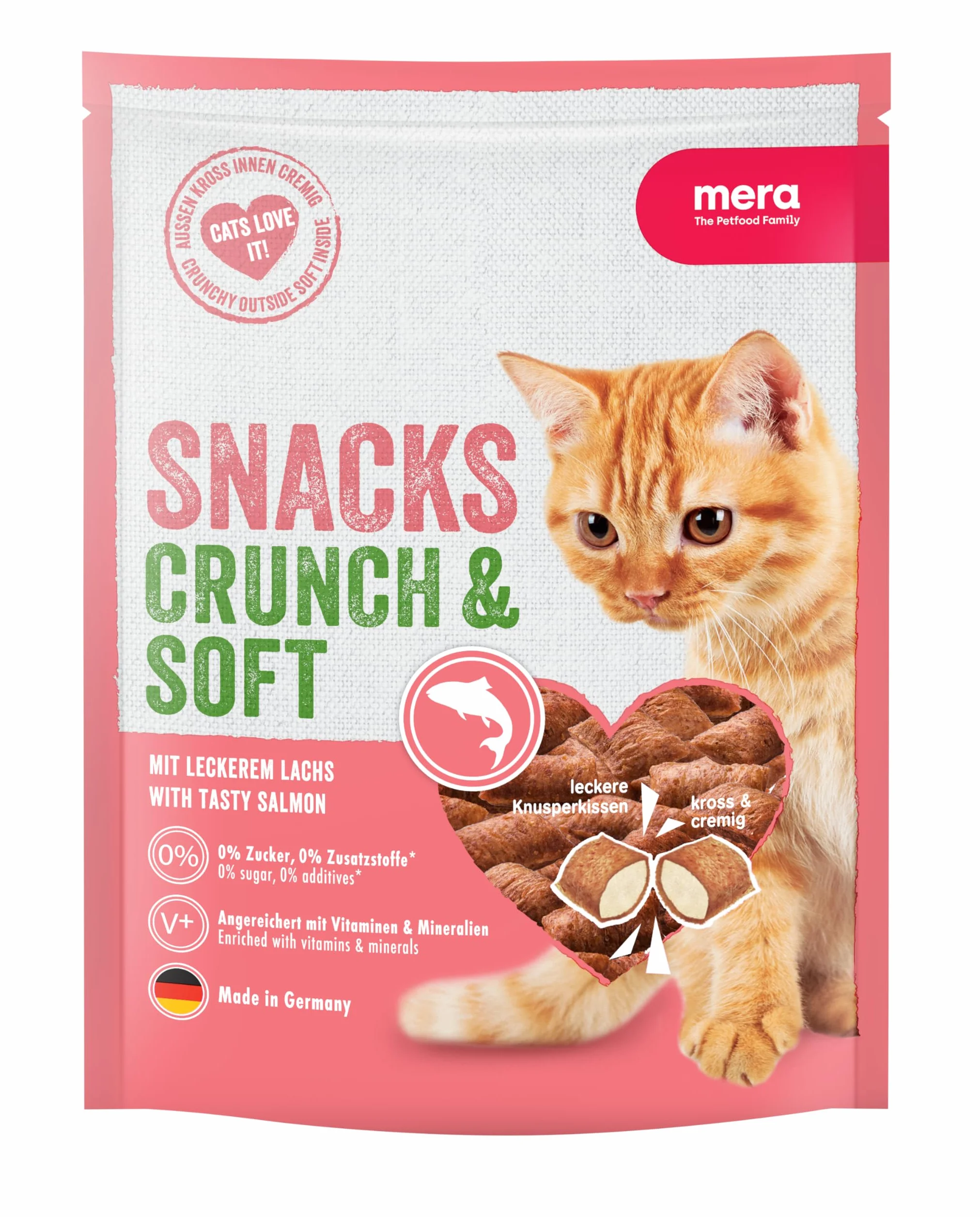 MERA Crunch & Soft z łososiem, 200 g pysznych smakołyków dla kotów, pożywna przekąska dla kota pełna witamin i minerałów, chrupiąca poduszka z kremowym wypełnieniem