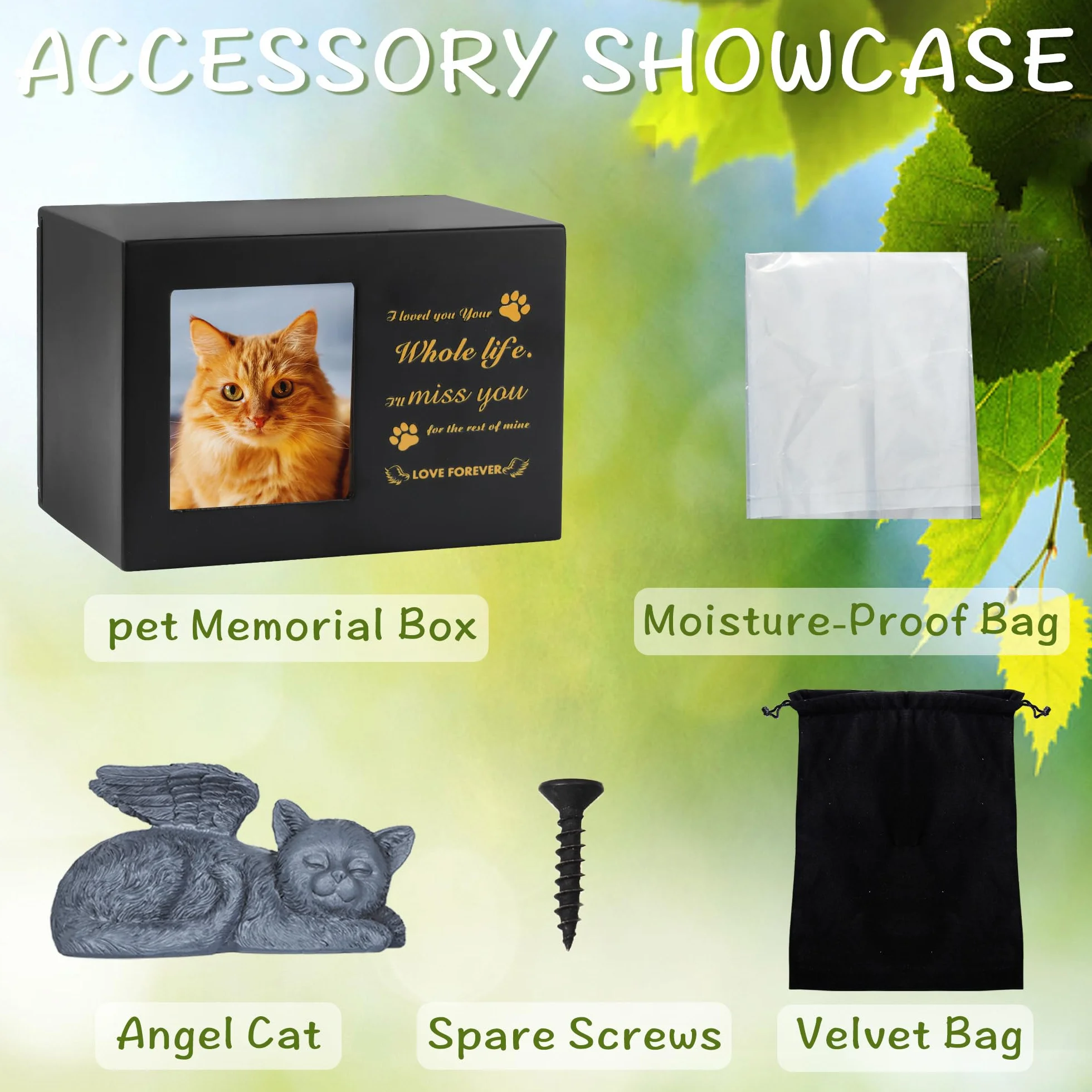 Pet Urns for Cat, Pet Memory Box, Black Wooden Cat Urns for Ashes, w zestawie z figurką kota z żywicy i aksamitną torbą do przechowywania prochów