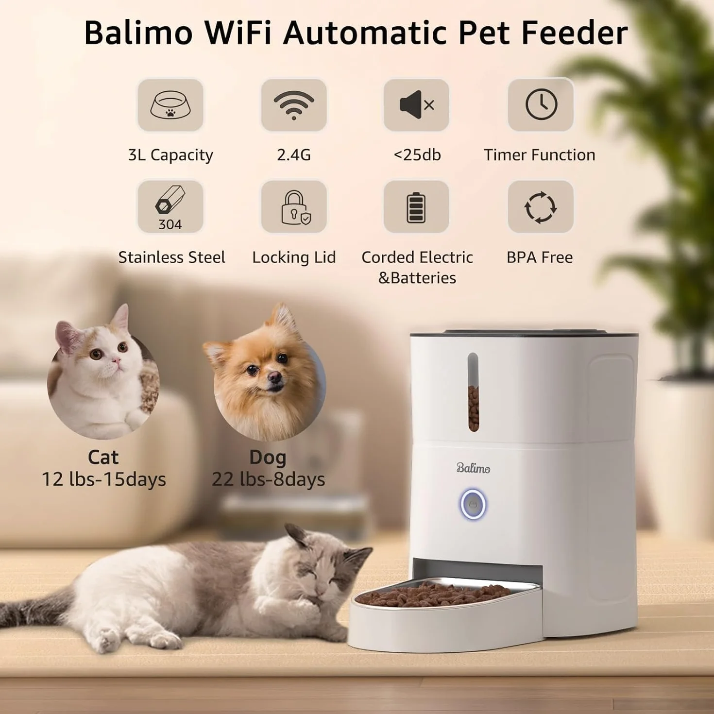 Balimo Bezprzewodowy automatyczny karmnik 3L z kontrolą aplikacji, automatyczne karmienie WiFi dla kotów, automatyczny karmnik dla zwierząt domowych