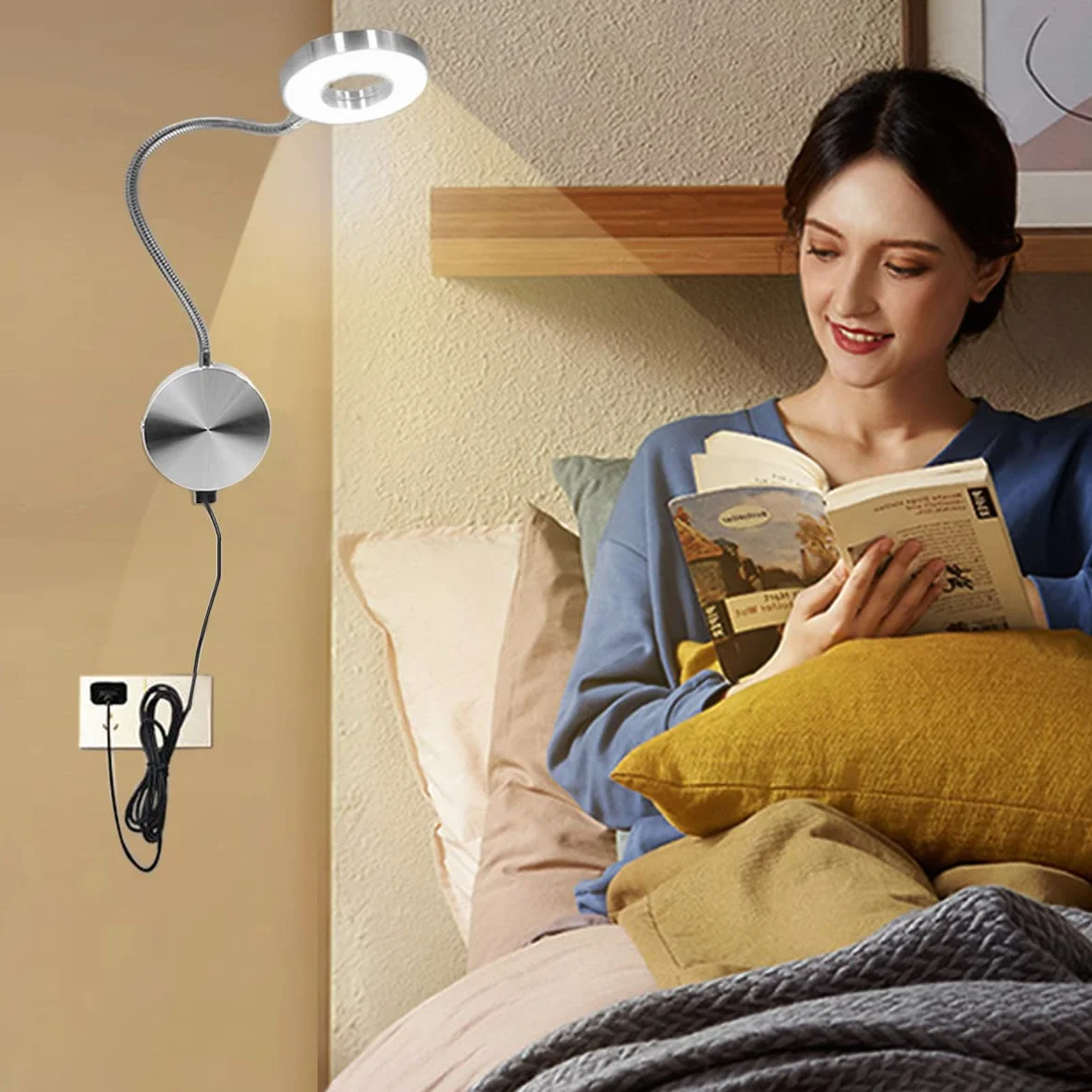 LANMOU Lampa do czytania ścienna – 5 W LED lampa ścienna z wtyczką – ściemniacz i 3 temperatury barwowe – lampka do czytania na łóżku – 40 cm – kabel USB – 420 lm – lampka nocna aluminiowa – ochrona