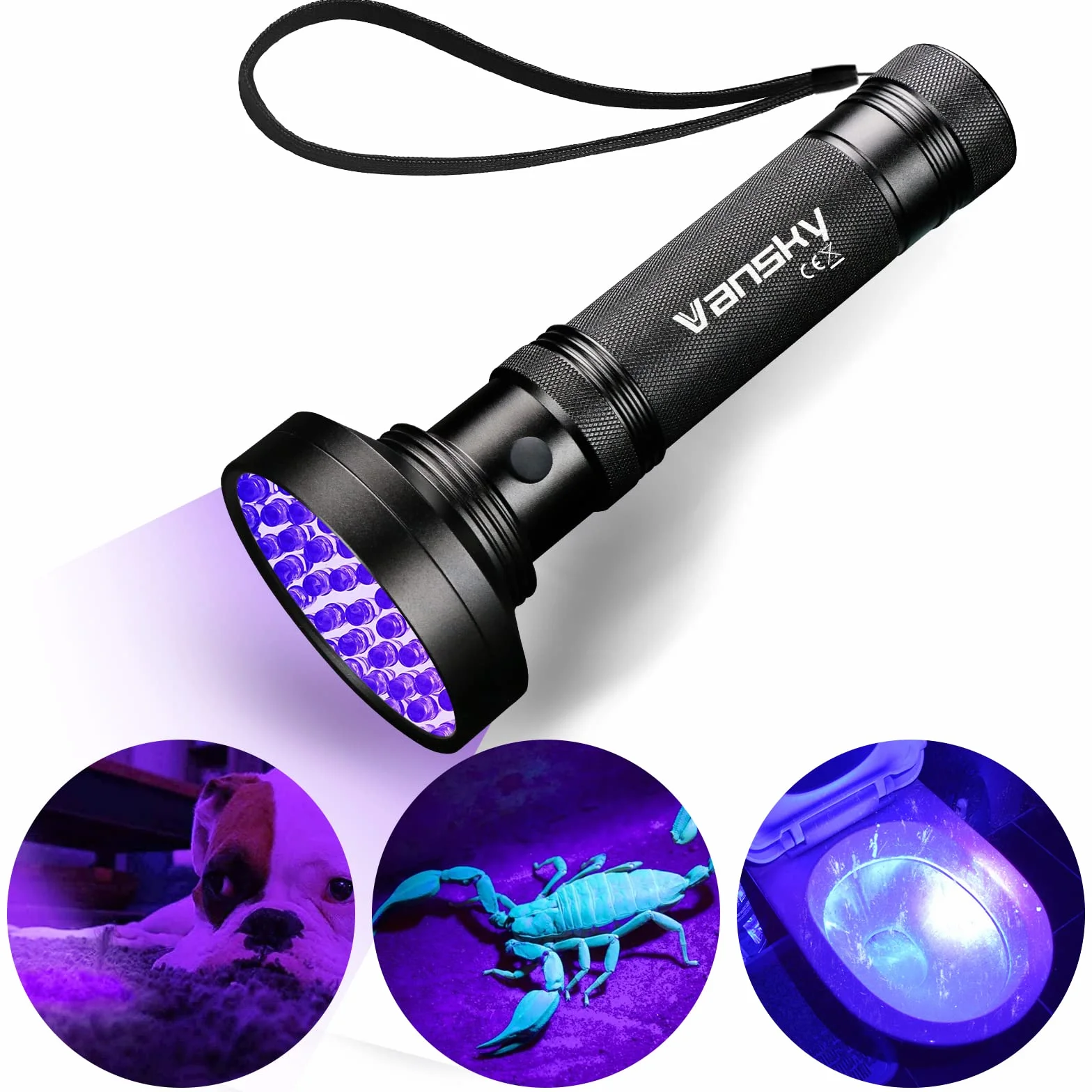 Vansky Lampka UV, czarne światło, 100 LED UV, latarka 395 nm, niebieskie światło, suche, koty, psy, zwierzęta domowe, detektor moczu