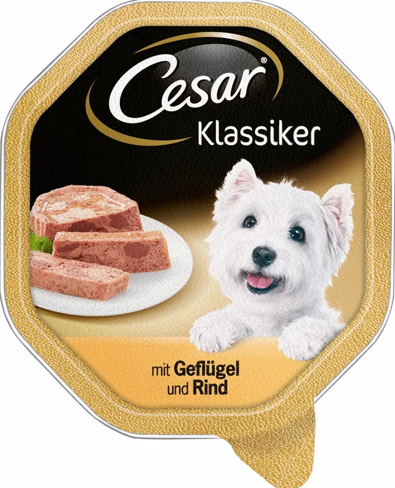 Cesar Adult karma dla psów klasyczna, z serdecznym drobiem i wołowiną, 14 misek, 14 x 150 g – karma dla psów premium mokra, bez dodatku cukru, sztuczne aromaty lub barwniki