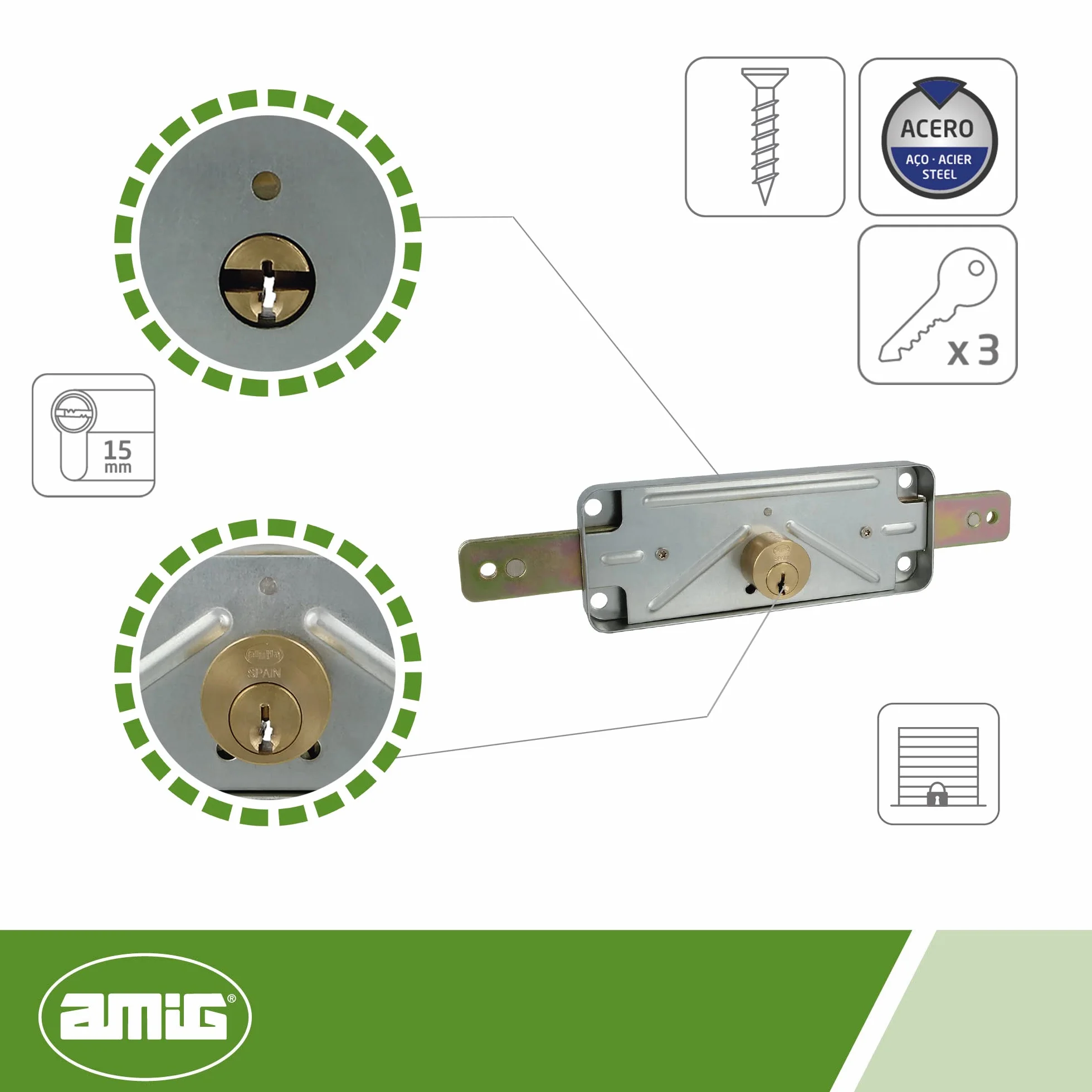 Amig - Zamek do drzwi | Metalowy zamek do rolet metalowych | Cylinder: 15 mm | Okrągła krawędź | Zawiera 3 niklowane klucze mosiężne | Idealny do garaży, hal magazynowych i powierzchni komercyjnych