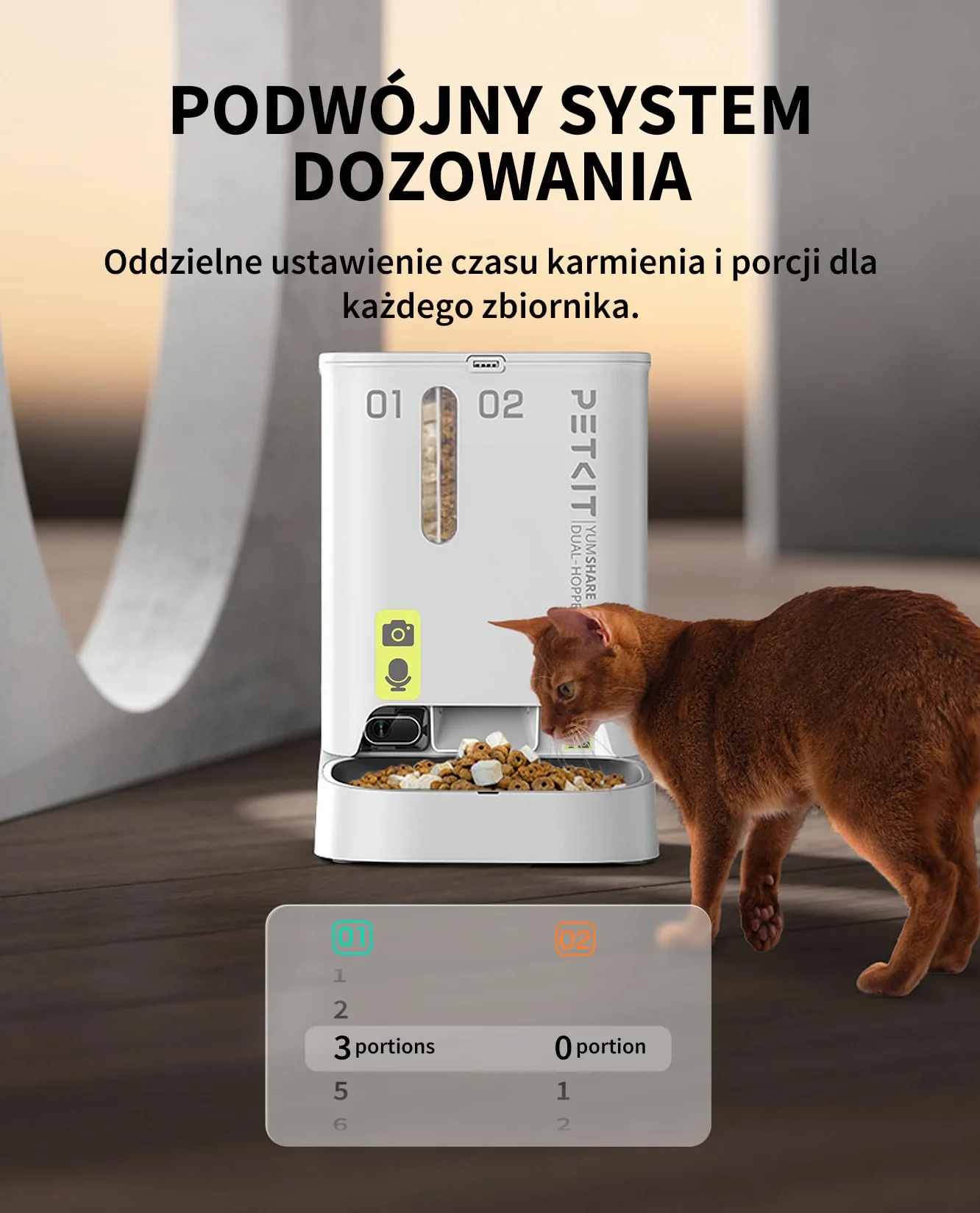 PETKIT Automatyczny Dozownik Karmy dla Kota z Kamerą, 5L Podwójny Lejek Automatyczny Karmnik dla Kotów/Psów, 1080P HD, Funkcja AI, 2.4G WiFi, Dwukierunkowe Audio, APP, Miska ze Stali Nierdzewnej
