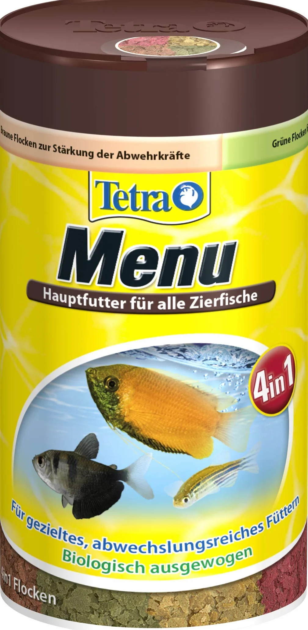 Tetra Min Menu karma dla ryb – główna mieszanka pokarmu z 4 specjalnymi płatkami w oddzielnych komorach, urozmaicona karma dla wszystkich ryb ozdobnych, puszka 100 ml