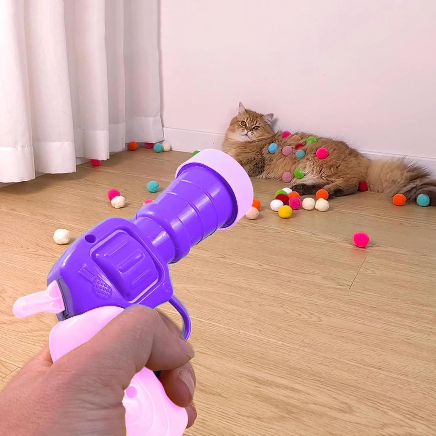 Zabawny Pistolet do Zabawy dla Kotów z 60 Pluszowymi Kulkami, Wyrzutnia Piłek, Interaktywna Zabawka, Prezent (Niebieski)