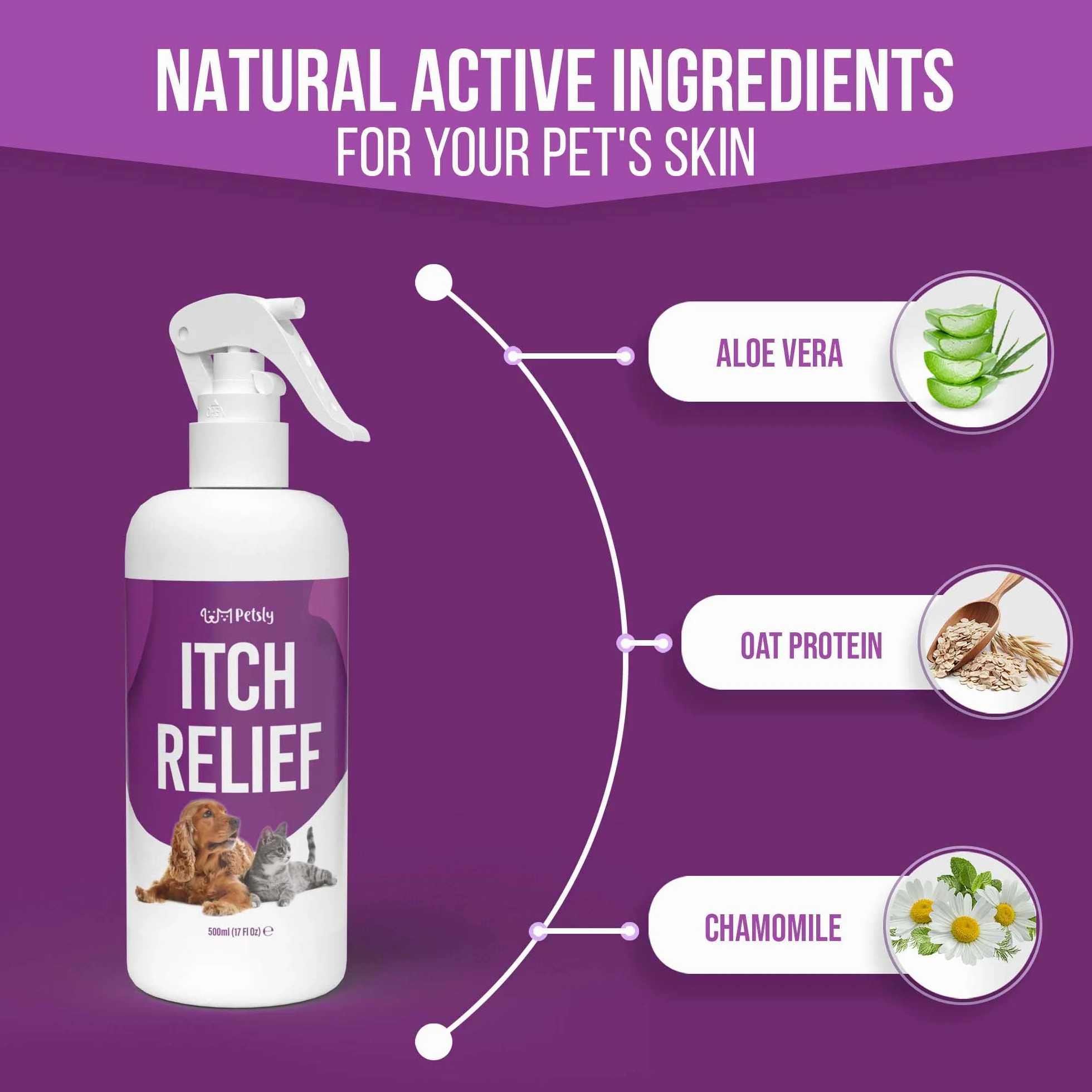 Petsly Anti Itch Spray pielęgnacyjny dla psów i kotów na swędzącą skórę zwierząt - odżywczy aloes jako środek przeciw swędzeniu u kotów, łagodzi swędzenie u psów, spray dla kotów + psów [500ml].