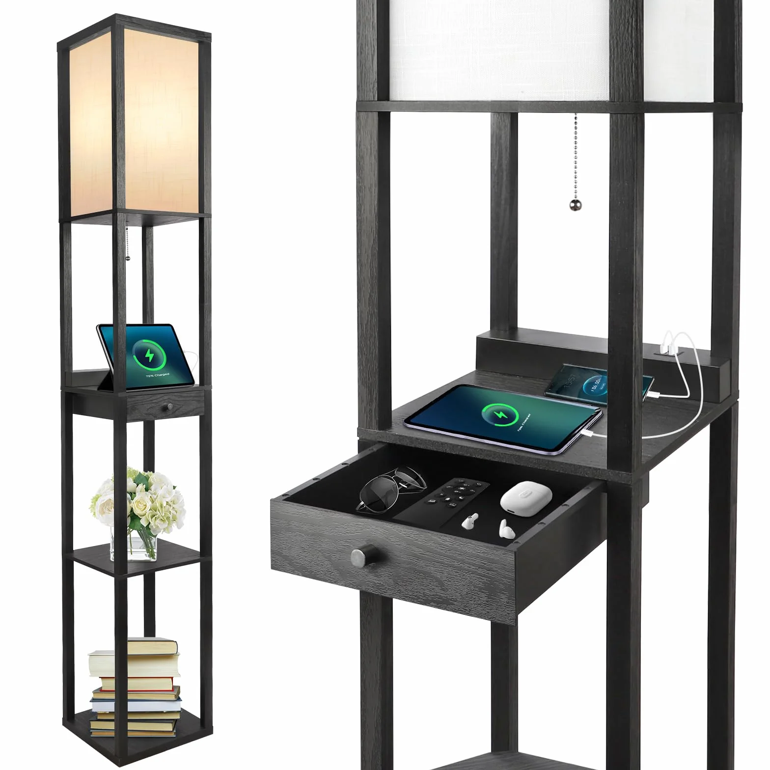 OUTON Lampa stojąca LED z szufladą, 3 temperatury barwowe, lampa stojąca z 2 portami USB, lampy stojące do salonu, sypialni, biura (czarna)