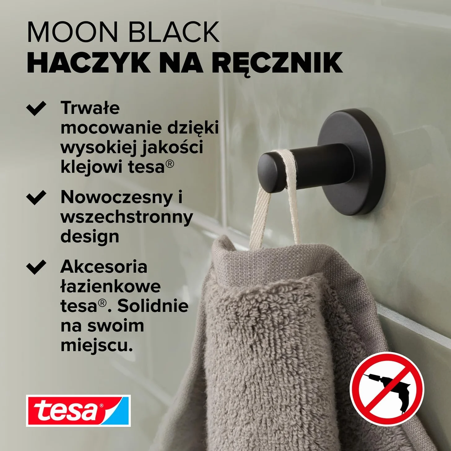 tesa MOON BLACK haczyk na ręcznik czarny mat samoprzylepny 37 mm x 37 mm x 36 mm