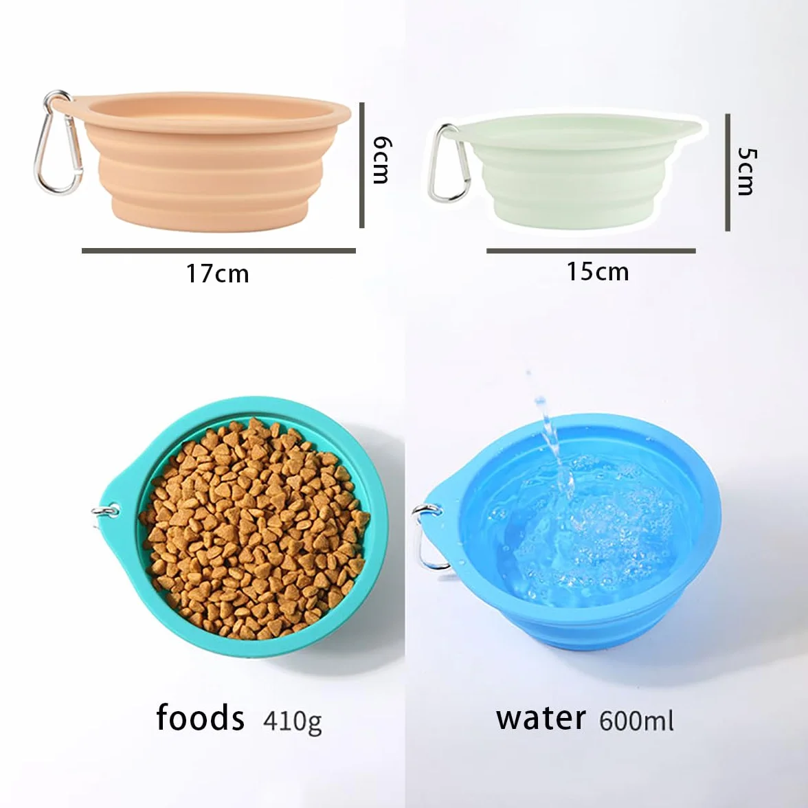 Przenośna składana miska dla psa, silikonowa miska podróżna dla zwierząt domowych (350 ml, 600 ml, beżowa i zielona)