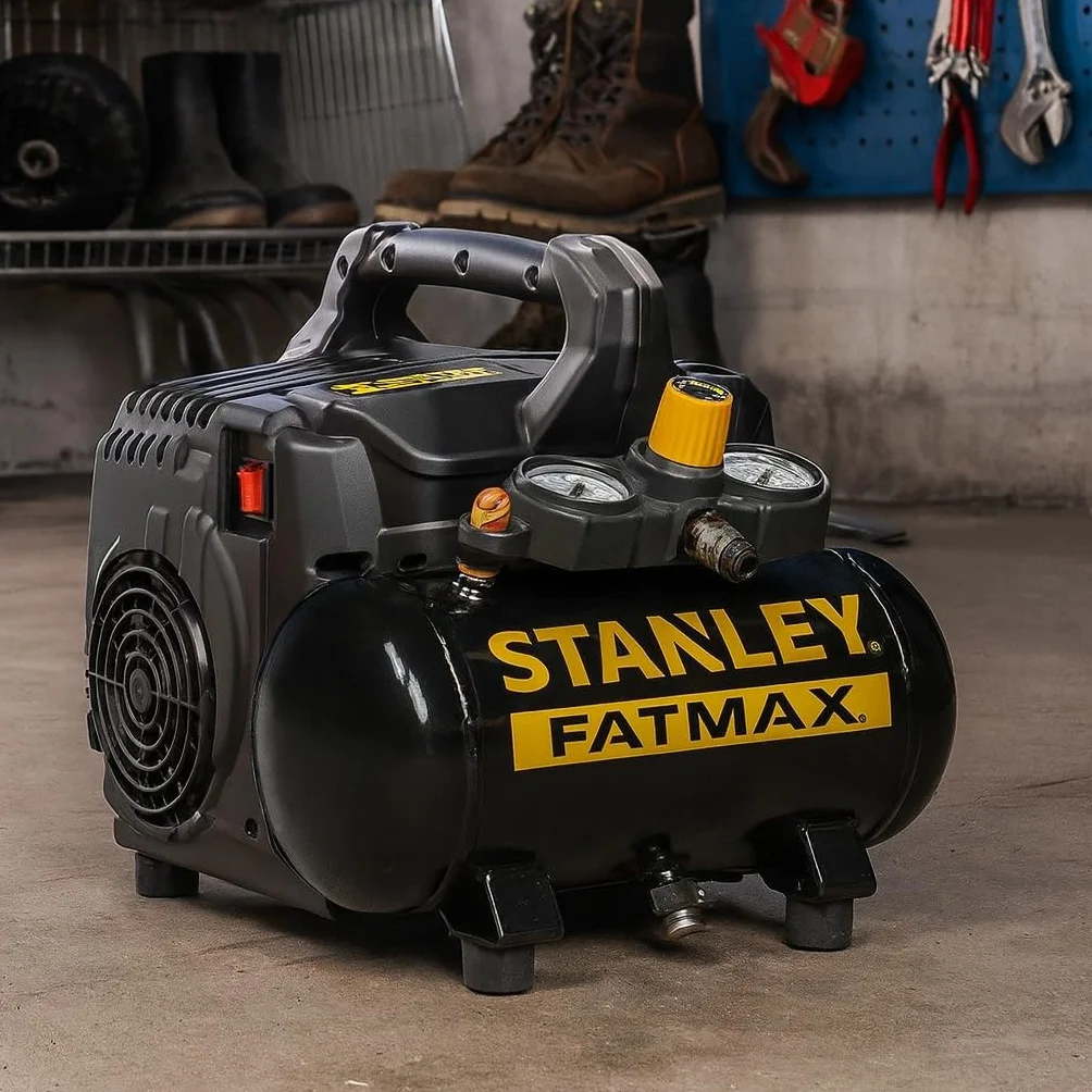 Stanley Fatmax Kompressor DST 101/8/6 FMXCM00 - Kompresor powietrza 8 bara - Cichy kompresor powietrza 59dB - Pojemność zbiornika 6 litrów - Kompresor zasilany akumulatorem 1450 obr./min