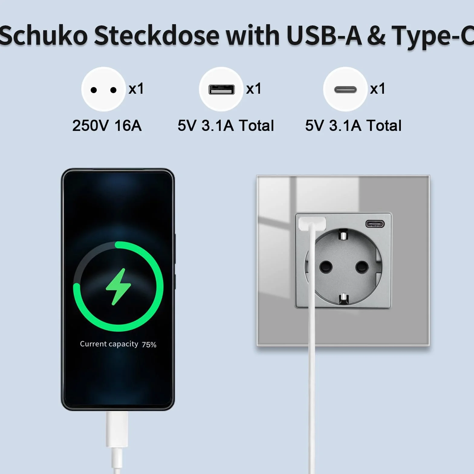 JIMEIDA Gniazdko wtykowe ze szkła z USB 20 W, szybkie ładowanie, kolor szary, podtynkowe, 1 gniazdo, 16 A, USB A i typ C, 86 x 86 mm, 250 V