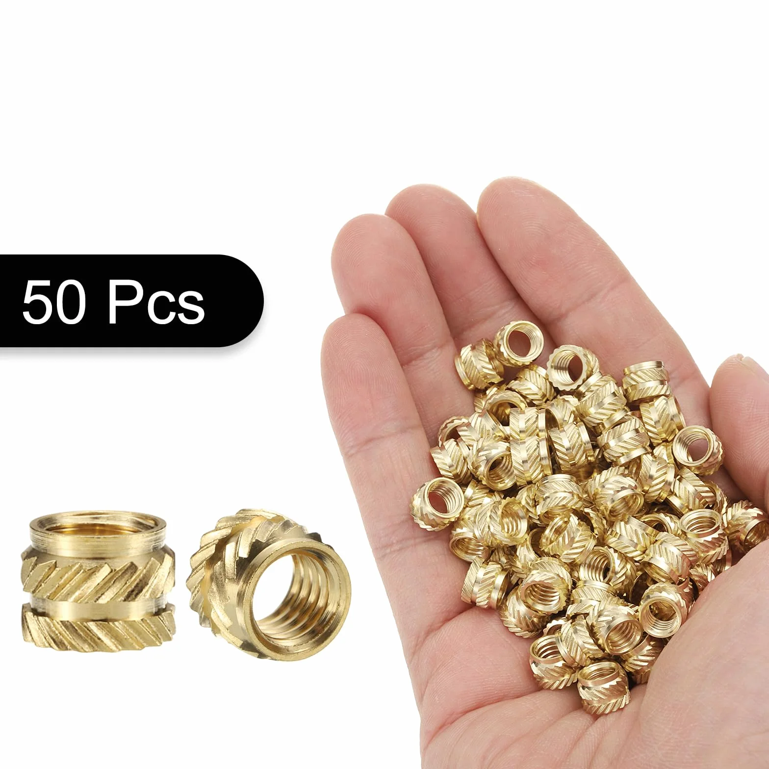 QUARKZMAN 50 szt. M6 x 6 mm, OD 8 mm mosiężne wkładki gwintowane, radełkowane nakrętki dociskowe, złoto