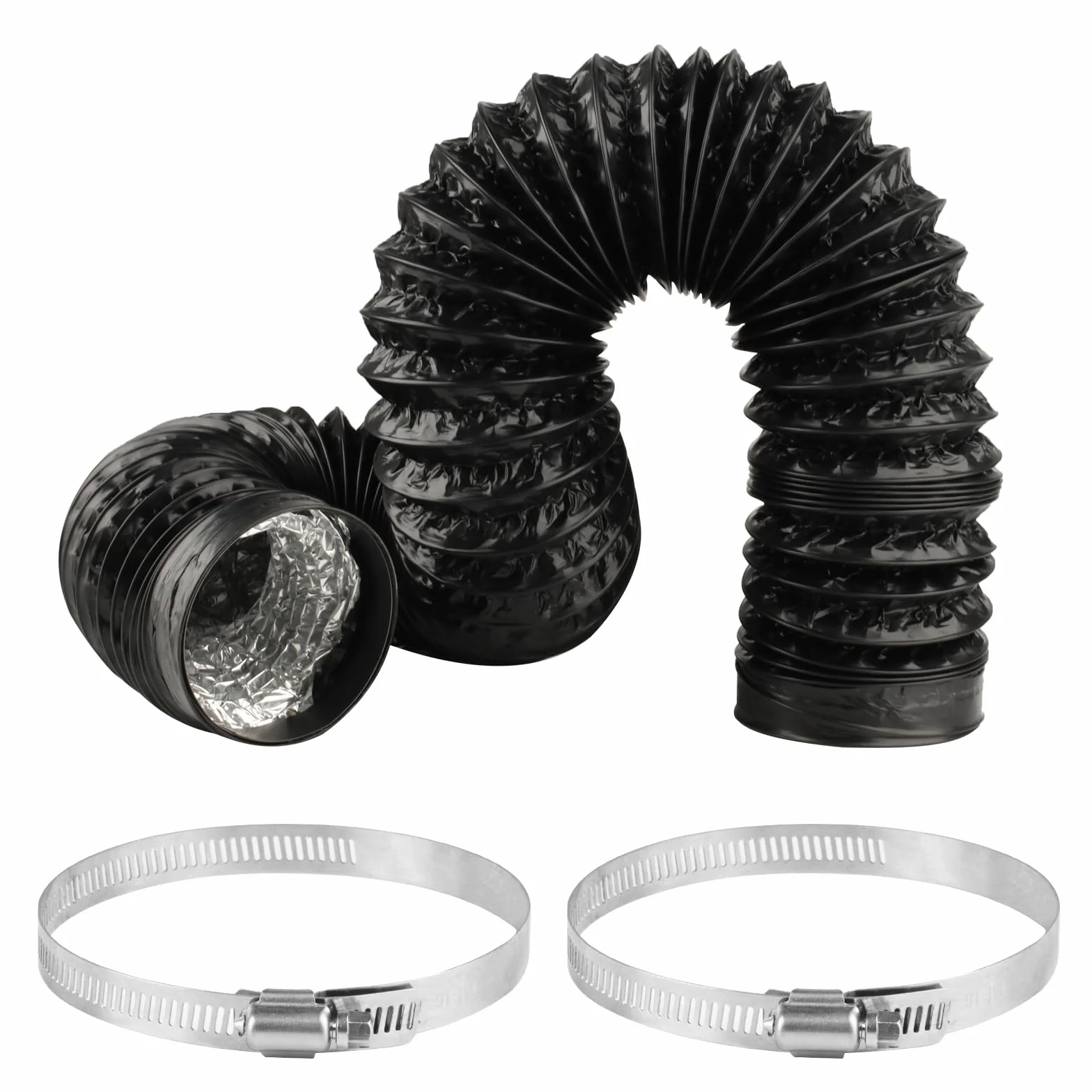 Wąż powietrza wylotowego PCW, 100 mm, czarny, wąż wentylacyjny 100 mm, długość 2 m, wąż elastyczny, rura aluminiowa, wąż do klimatyzacji, okapu wyciągowego, wentylatora wyciągowego, 2 zaciski ze stali