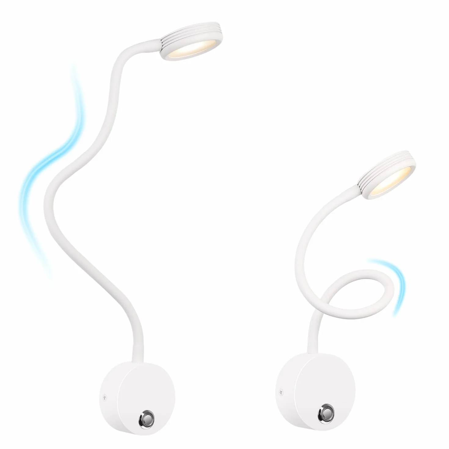 ERWEY 2 lampki do czytania na ścianie, czytnik nocny z przełącznikiem dotykowym 3000-6000 K, port ładowania USB, 4 W obrotowy czytnik do łóżka z gniazdem i kablem do sypialni (biały)