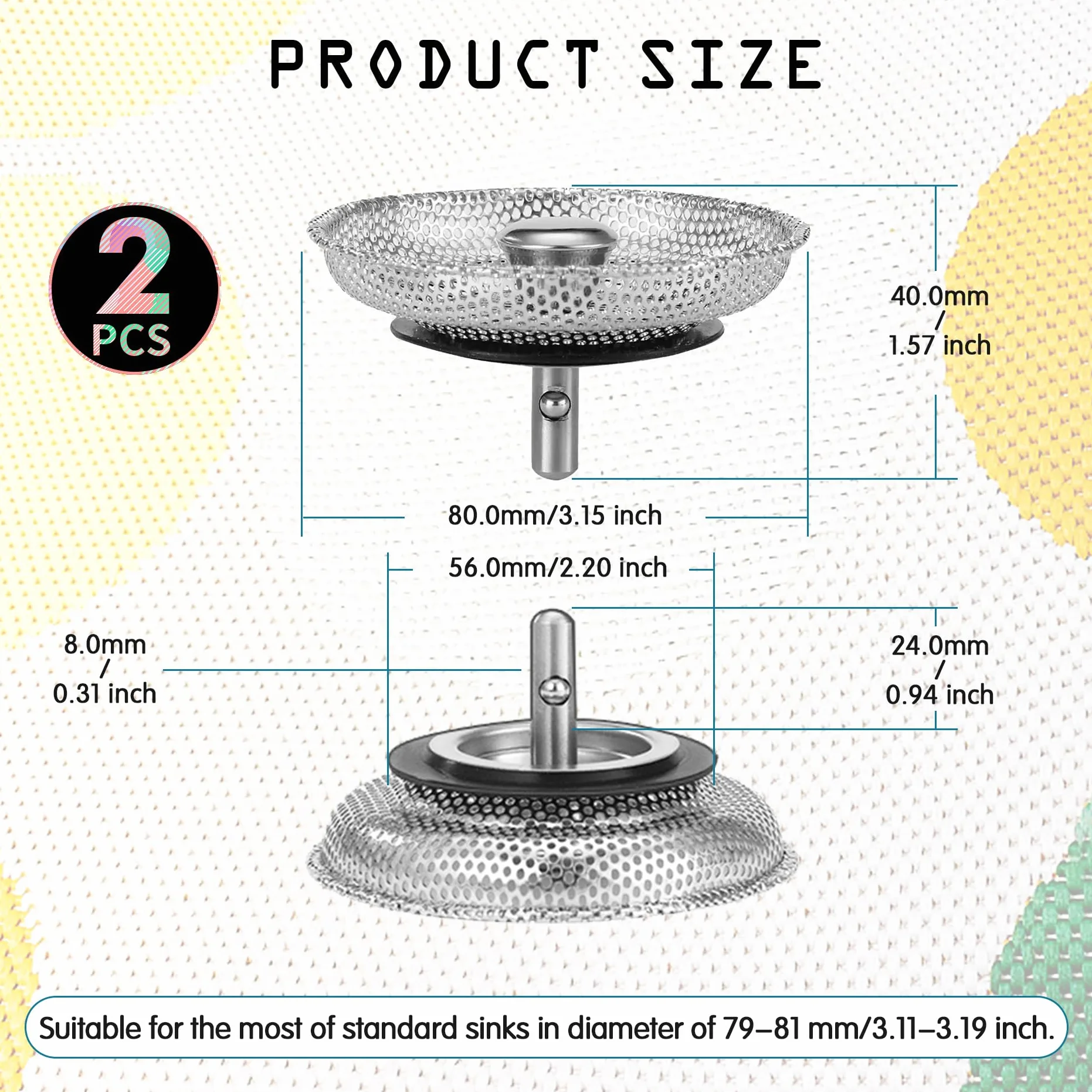 Korek i sitko do zlewu kuchennego ze stali nierdzewnej 304, 2-pak