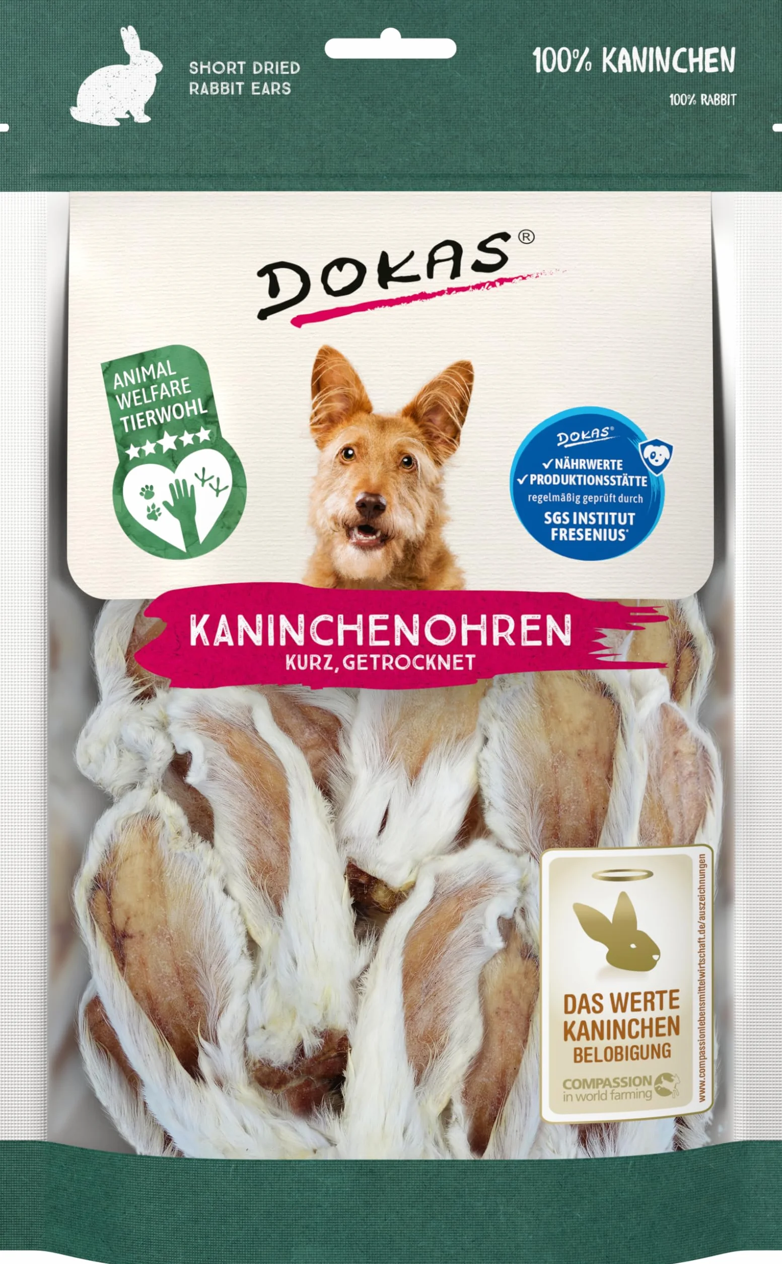 DOKAS Królicze uszy z futerkiem – naturalna przekąska premium bez zbóż, dla psów, w 100% z królika, krótka dla małych psów, 1 x 100 g