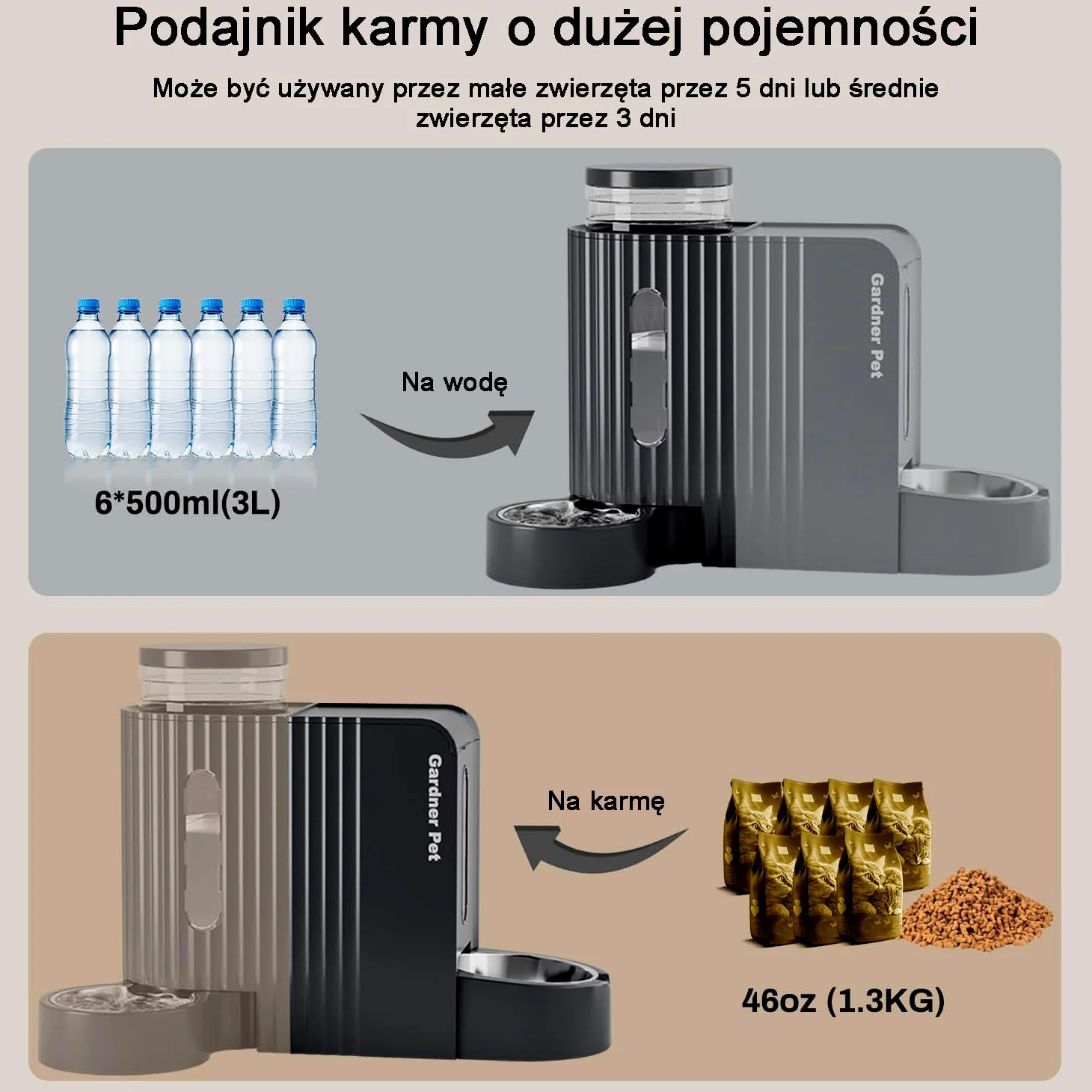 Gardner Pet Automatyczny karmnik dla kotów i dozownik wody 2 w 1, 3L, miska ze stali nierdzewnej, grawitacyjny dozownik wody, wolny od BPA
