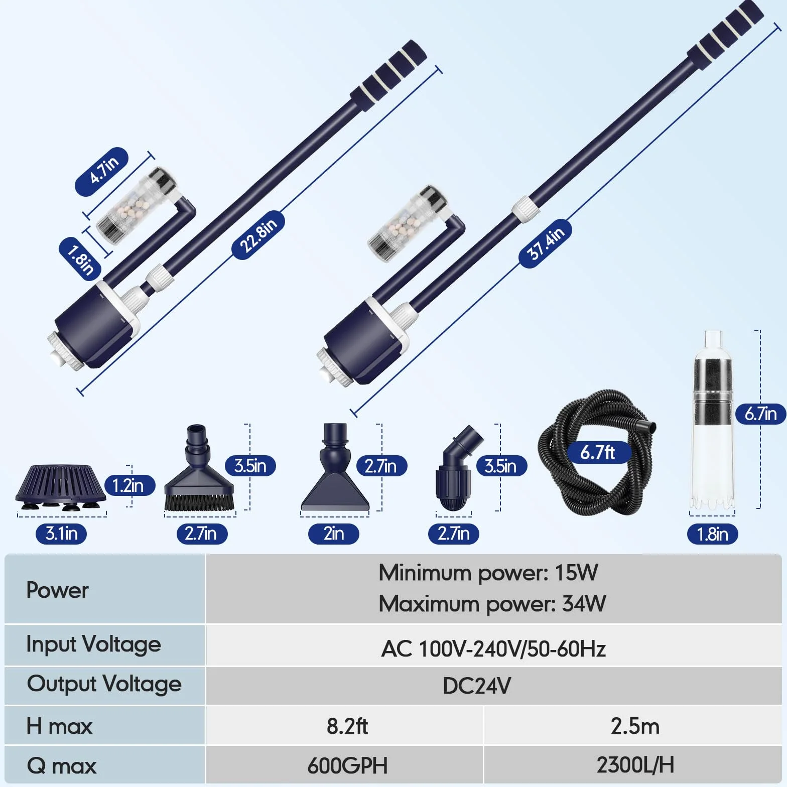AQQA Odkurzacz do akwarium, DC 2300 l/h, regulowany przepływ wody, elektryczny odkurzacz mulmowy, do akwarium, 32 W, elektryczny odkurzacz mulmowy z potrójną filtracją do wymiany wody, czyszczenie