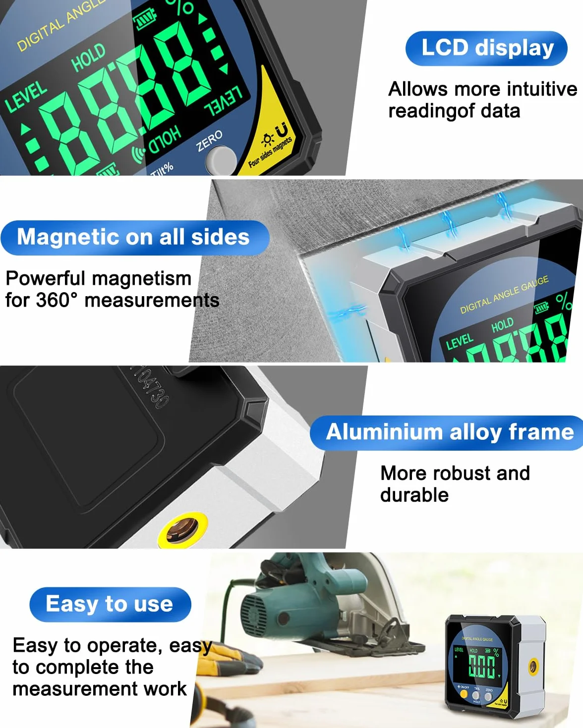 Cyfrowy kątomierz laserowy, poziomica laserowa Lytool z czterostronnym magnesem, dwustronnym laserowym wyświetlaczem LCD, interfejsem Type-C - magnetyczna skrzynka skośna do obróbki drewna, budownictw