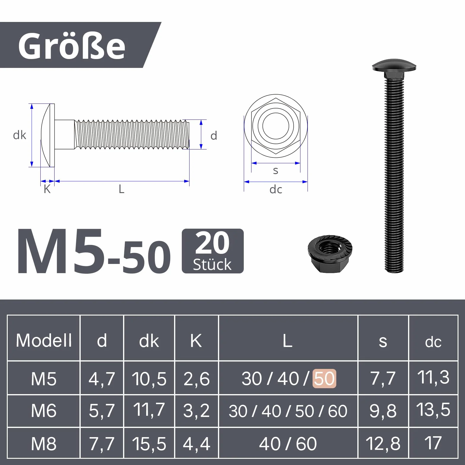 ORTAVA Śruby zamkowe M5 × 50 stal szlachetna A2 V2A DIN 603 (20 sztuk), z sześciokątną nakrętką kołnierzową, ze stali węglowej, śruby z łbem płaskim (czarne)