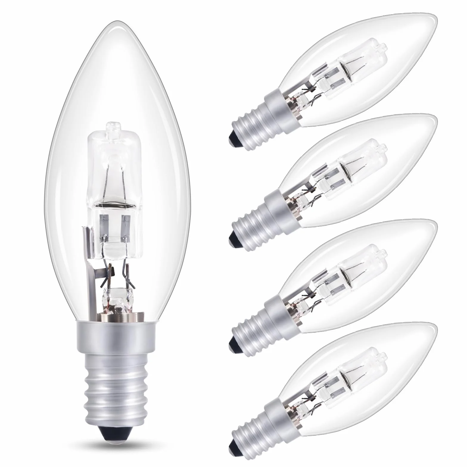 Żarówki halogenowe E14 do świec ściemnialne, ciepła biel 2700 K, 570 lm, AC 220-240 V, żarówki E14 SES C35 do świec z małą śrubą, dekoracyjna żarówka do żyrandola, lampy sufitowej, 5 sztuk