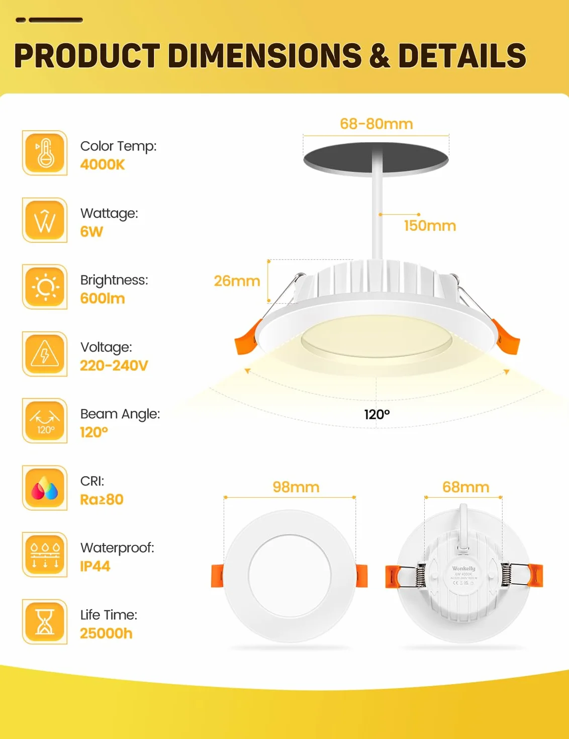 Reflektor LED do zabudowy 230 V, 6 W, płaski reflektor sufitowy, IP44, neutralna biel 4000 K, 600 lm, 68-80 mm Ø do zabudowy, do łazienki, kuchni, salonu, korytarza, zestaw 6 sztuk